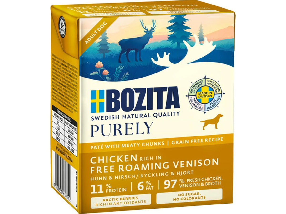 Gul Bozita Purely paté våtfôr for hund med kylling og vilt, 370g, med illustrasjon av hjort.