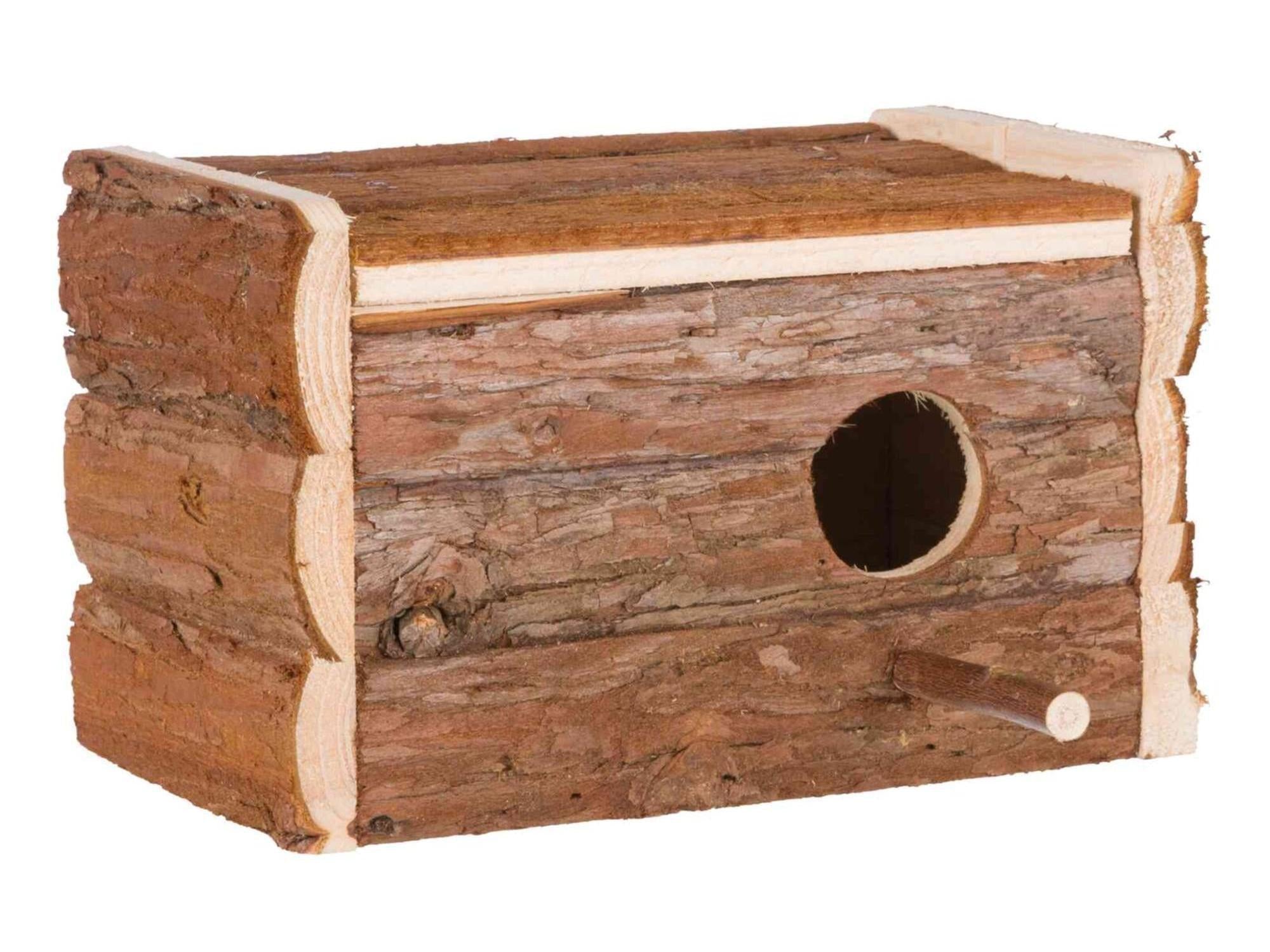 Naturlig redekasse i barktre furu for nymfeparakitter, med rund inngang og sittepinne.