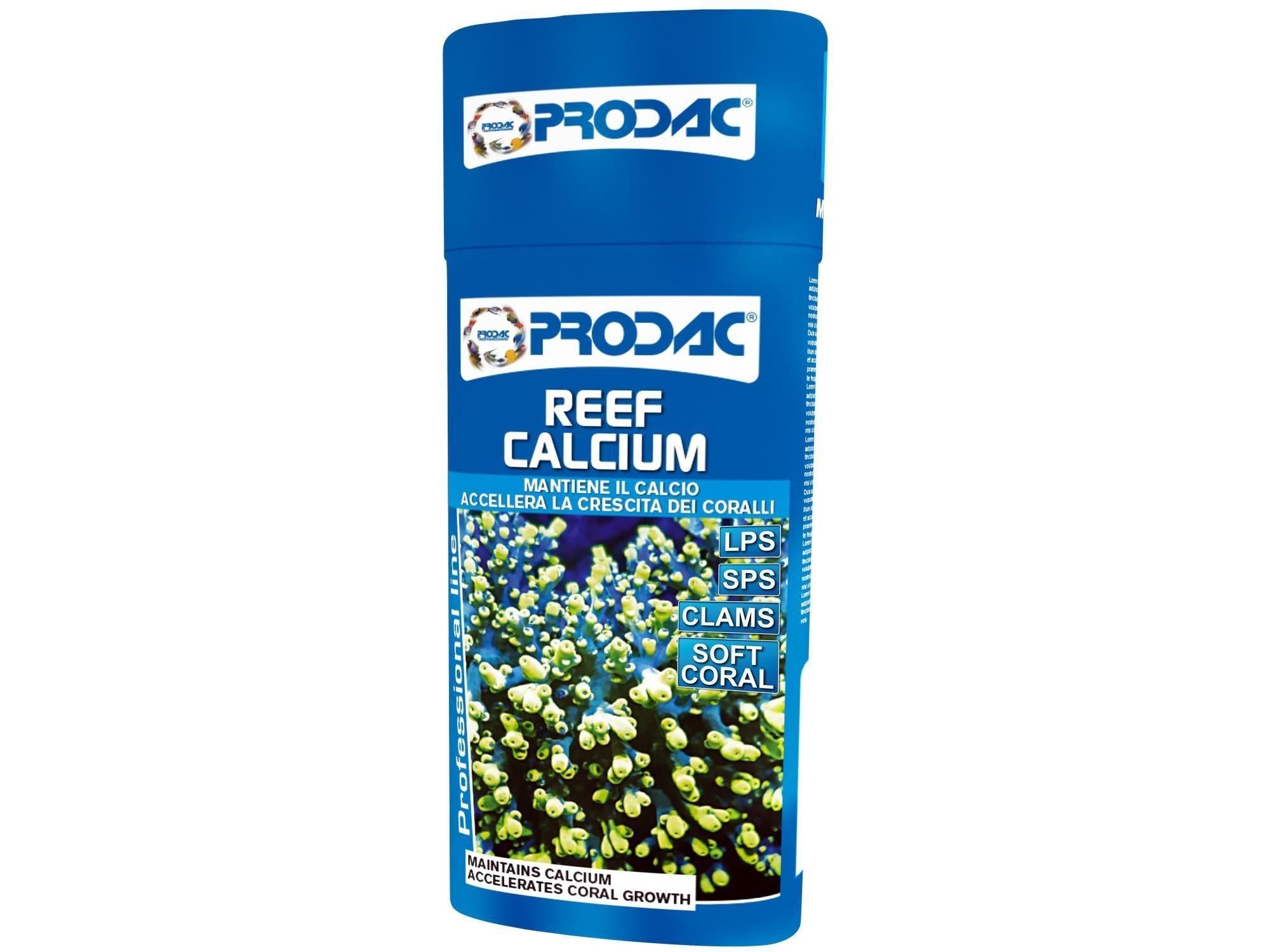 Blå Prodac Reef Calcium 250ml flaske for saltvannsakvarier, med korallbilde og tekst.