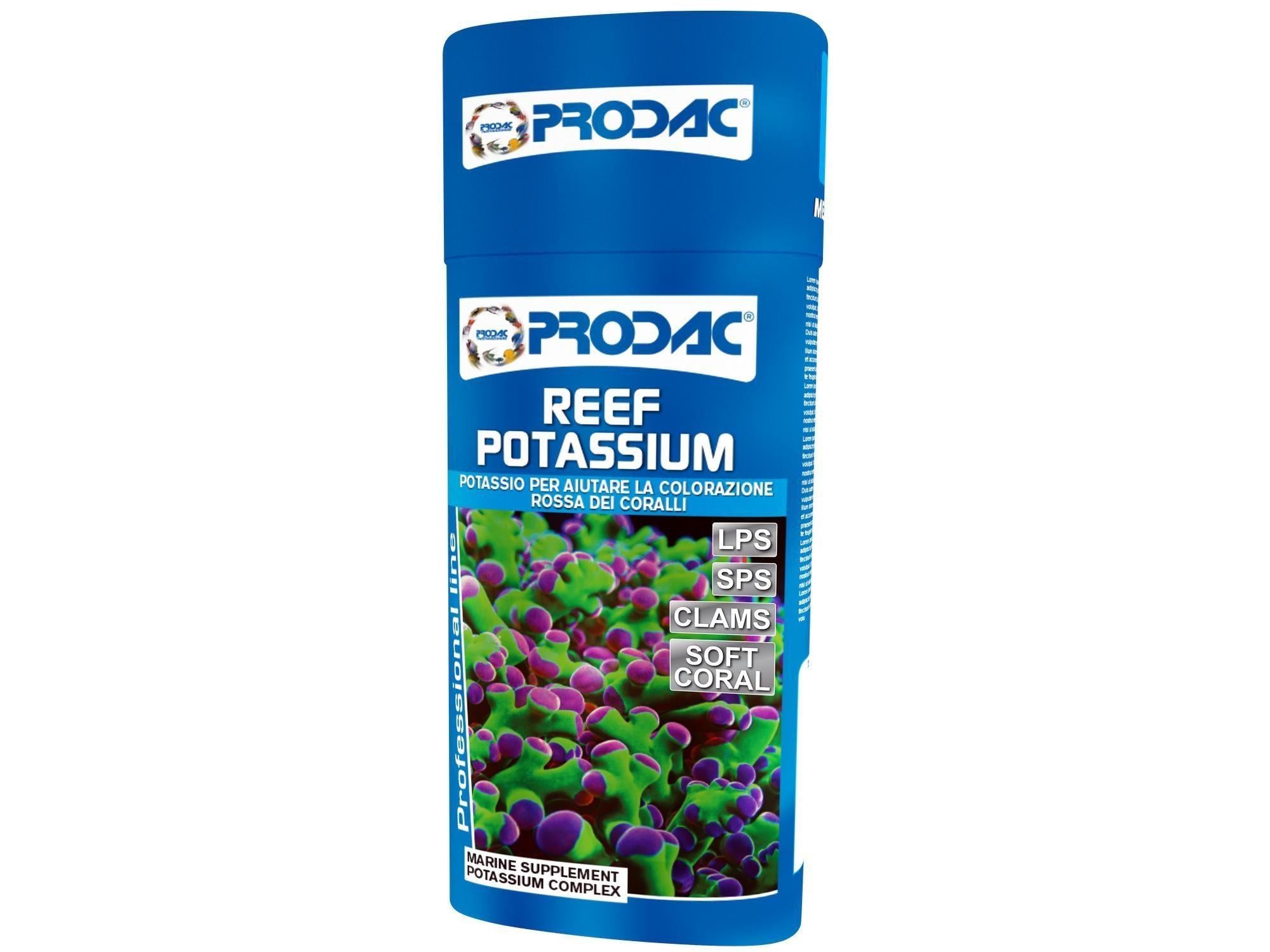 Prodac Reef Potassium 250ml blå flaske med korallbilde for revakvarier.