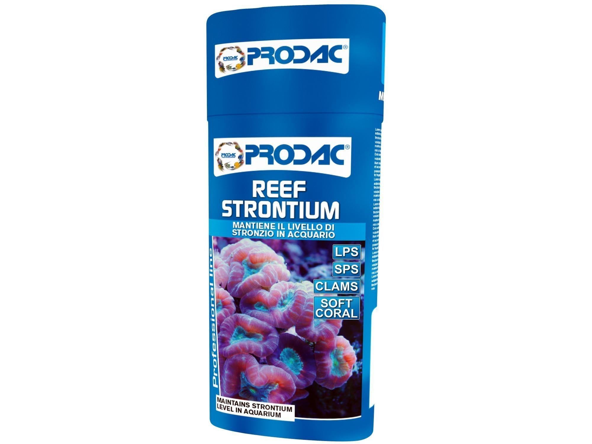 Prodac Reef Strontium 250ml blå flaske med korallbilde for saltvannsakvarier.