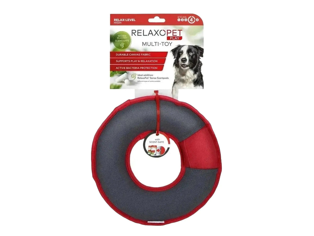RelaxoPet PLAY Multiring, en rød og grå slitesterk lekering for hund med duftsikkert system.