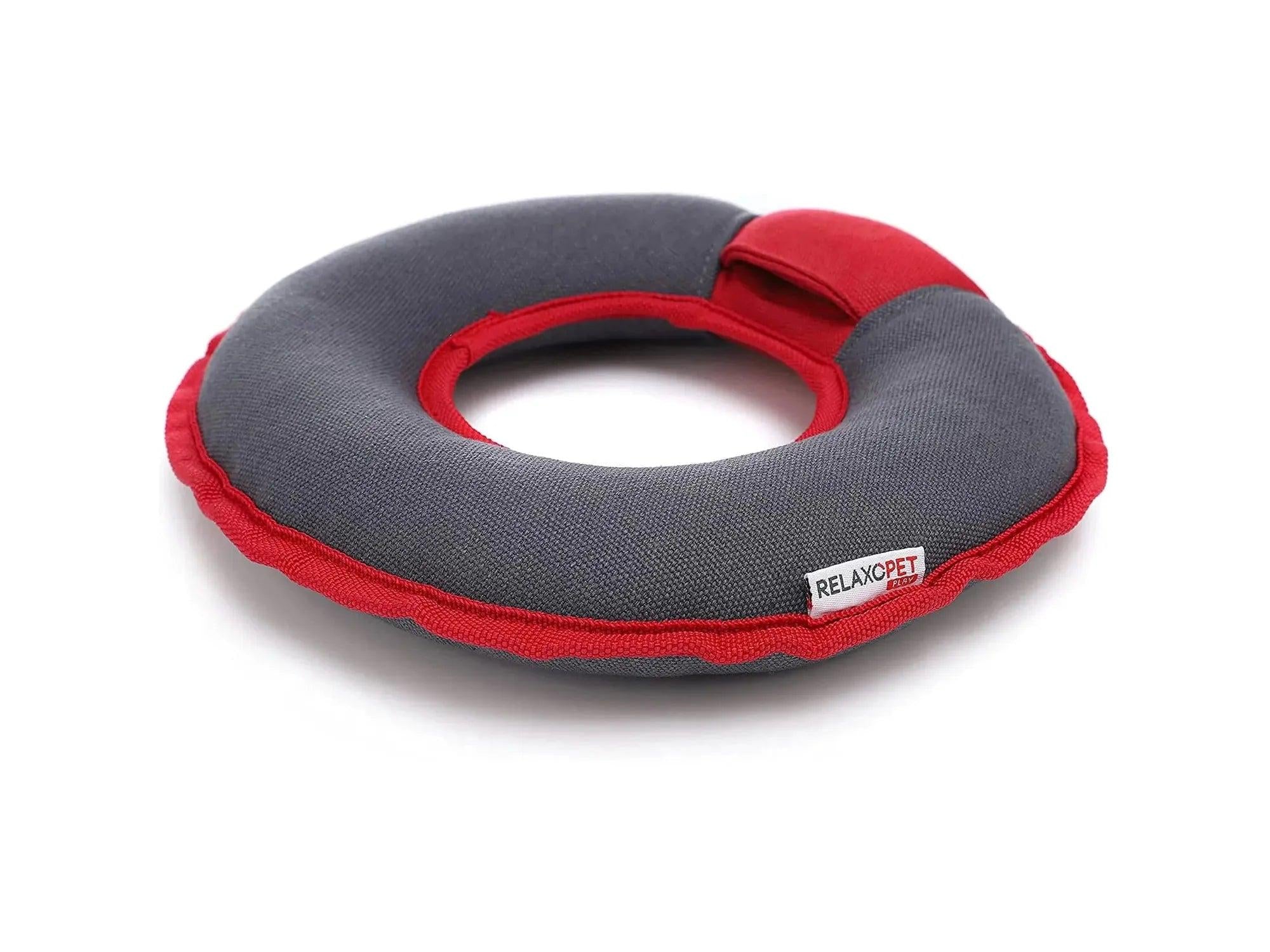 RelaxoPet PLAY Multiring, en slitesterk, grå og rød lekering i stoff for hund.
