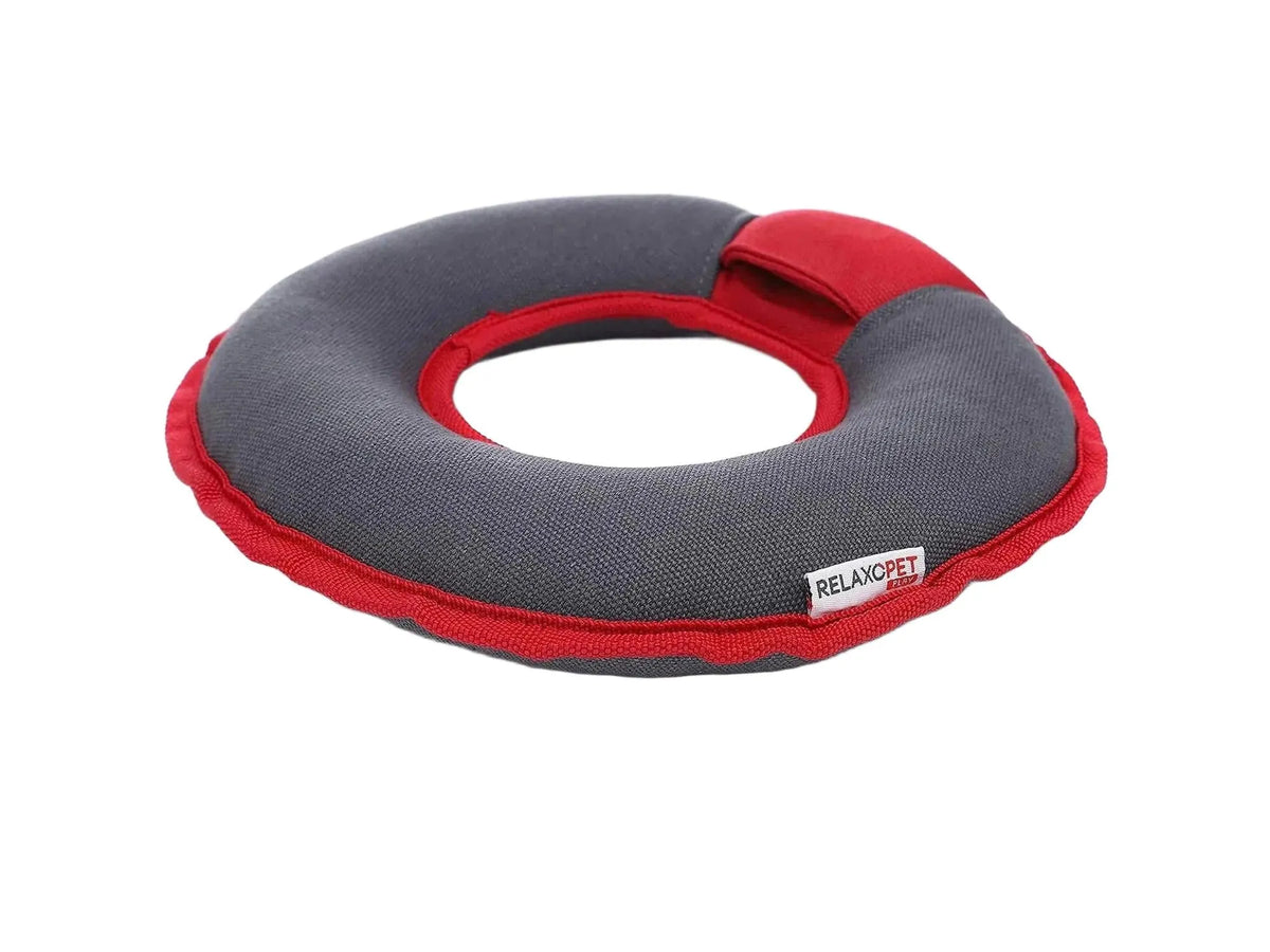 RelaxoPet PLAY Multiring, en slitesterk, grå og rød lekering i stoff for hund.
