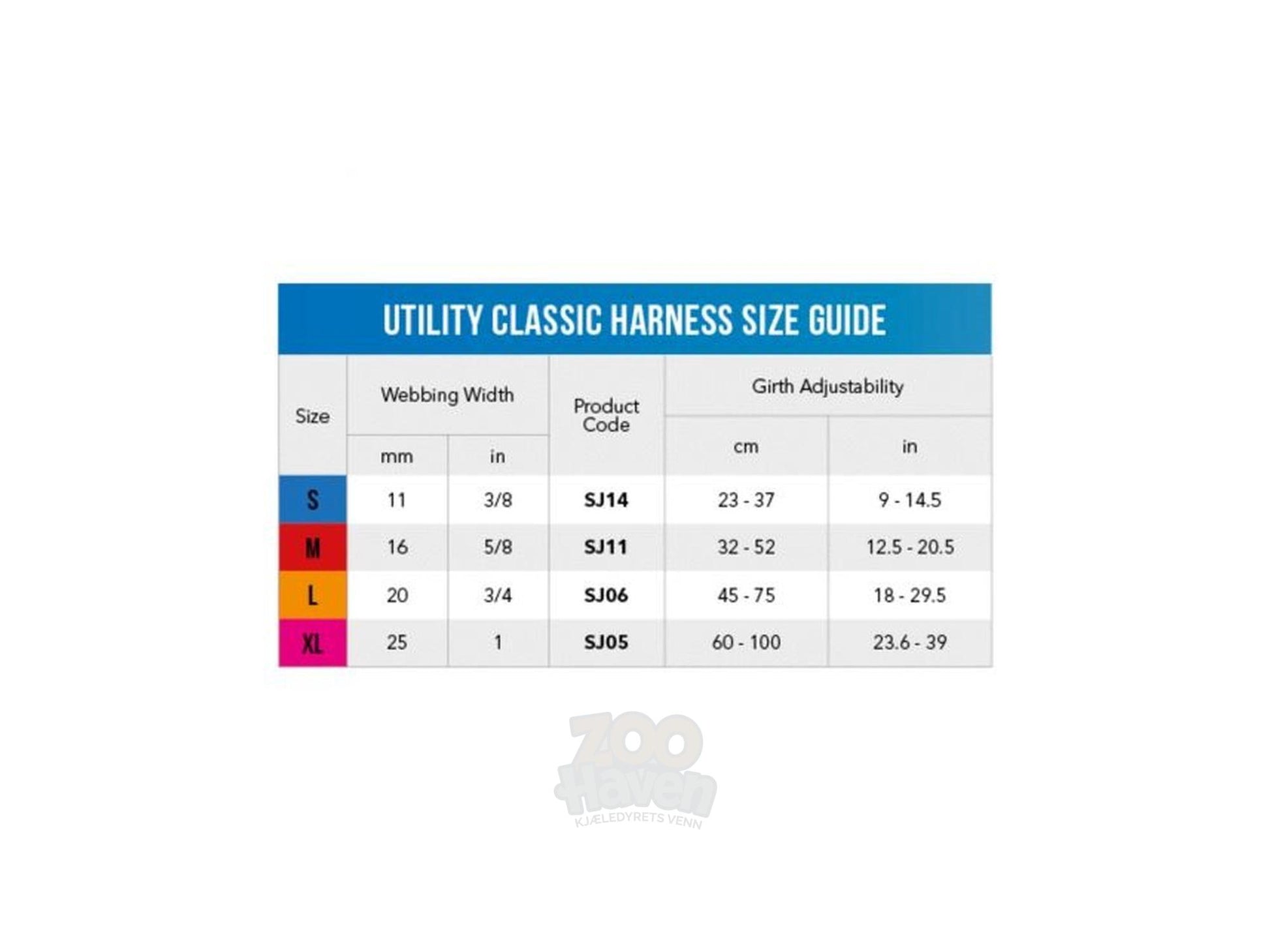 En størrelsesguide for Rogz Utility Classic hundesele, som viser bredde og justerbarhet for størrelsene S, M, L og XL.