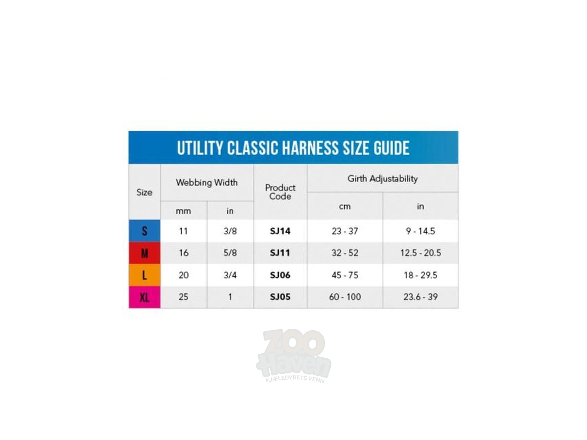 En størrelsesguide for Rogz Utility Classic hundesele, som viser bredde og justerbarhet for størrelsene S, M, L og XL.