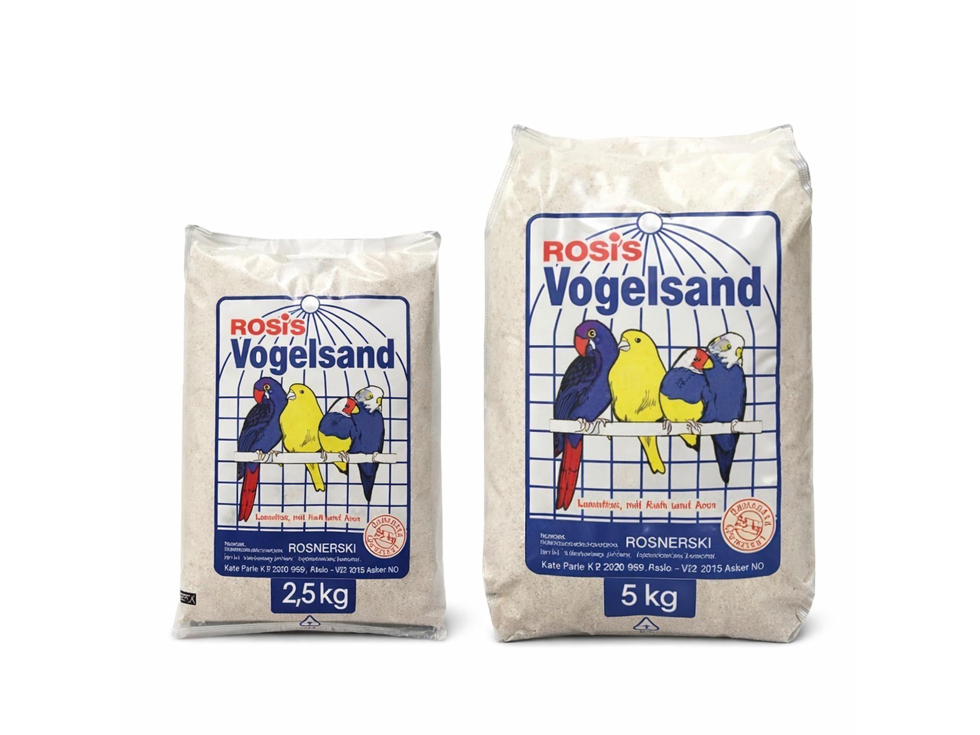 Two bags of Rosi's Vogelsand Fuglesand Hvit, 2.5 kg and 5 kg, with colorful bird illustration.