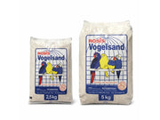 Two bags of Rosi's Vogelsand Fuglesand Hvit, 2.5 kg and 5 kg, with colorful bird illustration.