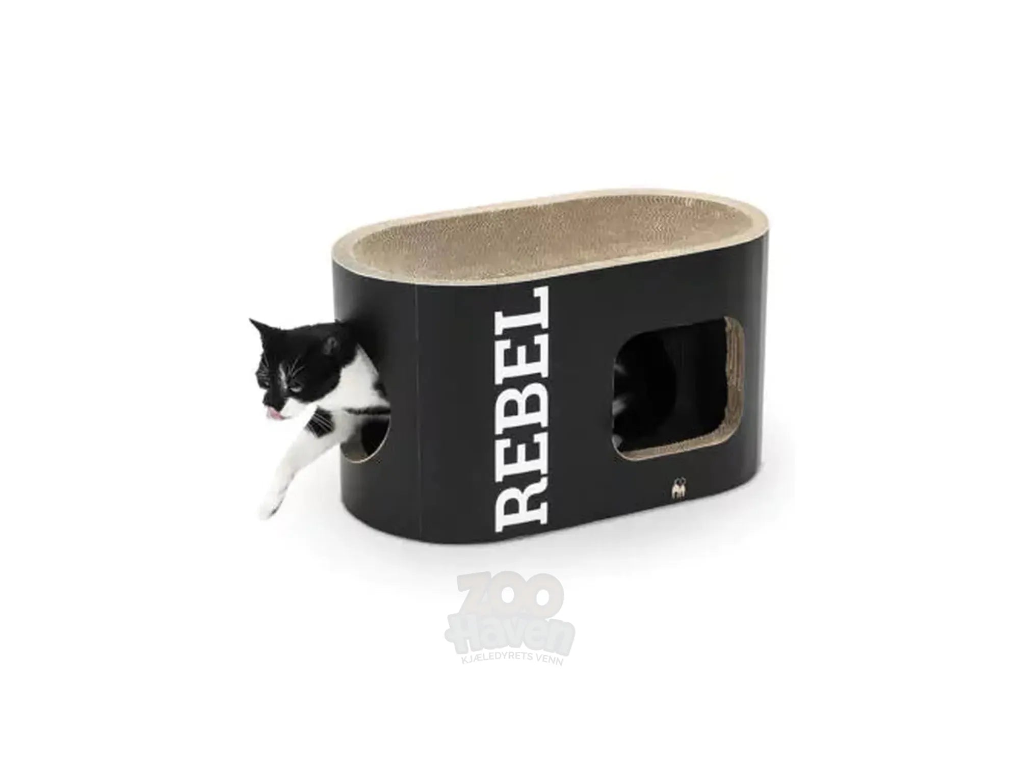 Svart Ruby 60 kloremøbel i papp med en svart-hvit katt som titter ut av åpningen.