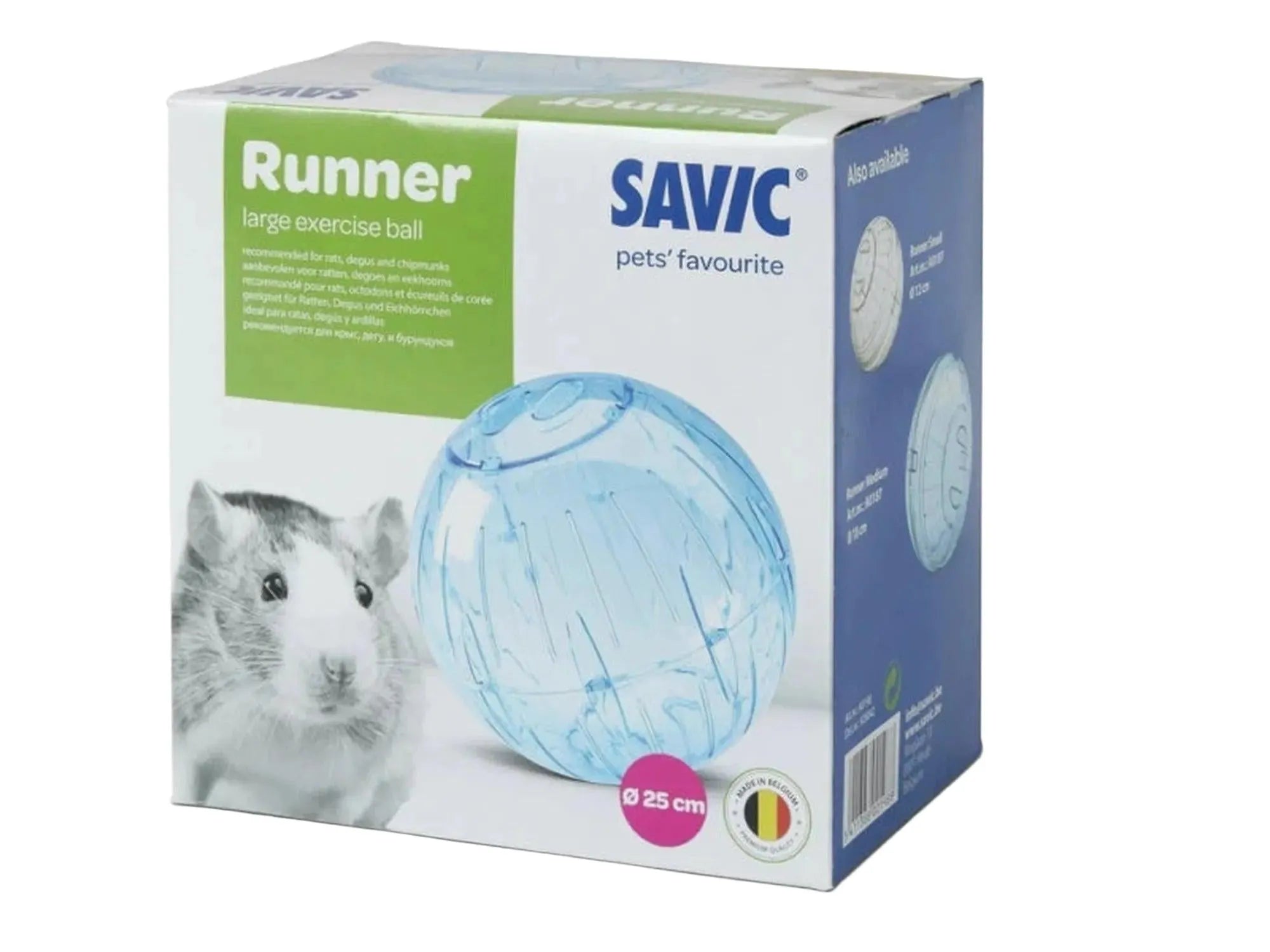 Savic Runner Large Ø25 blå transparent løpeball for smådyr, med bilde av hamster på esken.