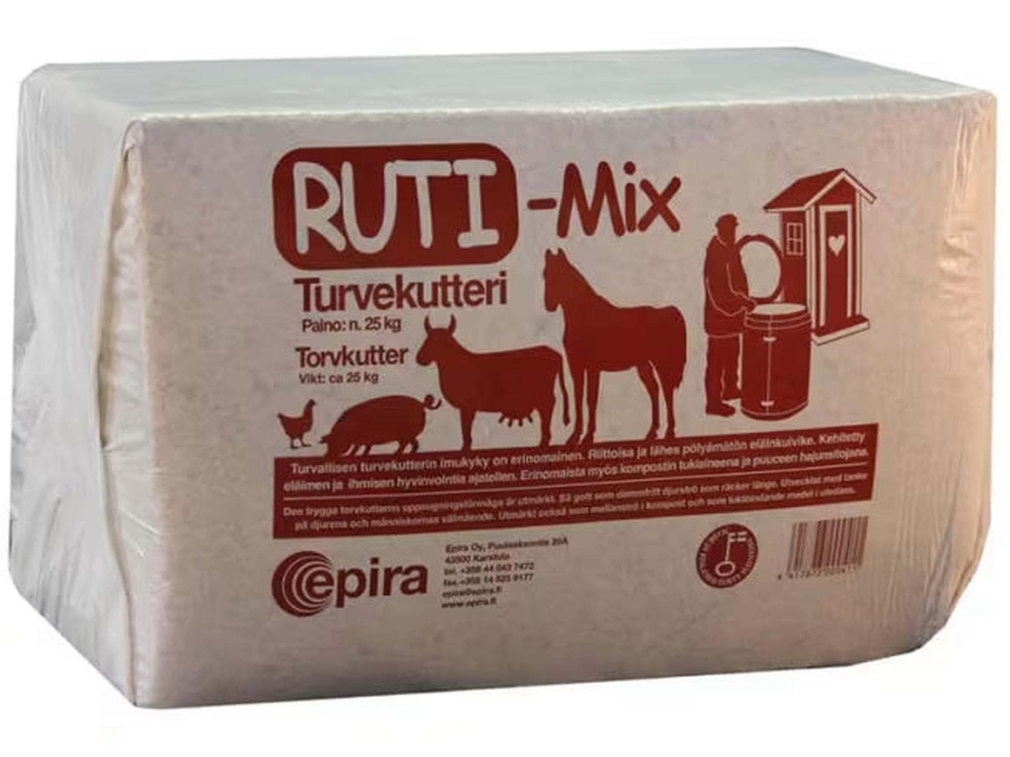 Ruti-Mix Turvekutteri 25 kg dyrestrø i hvit plastemballasje med rødt og svart trykk.