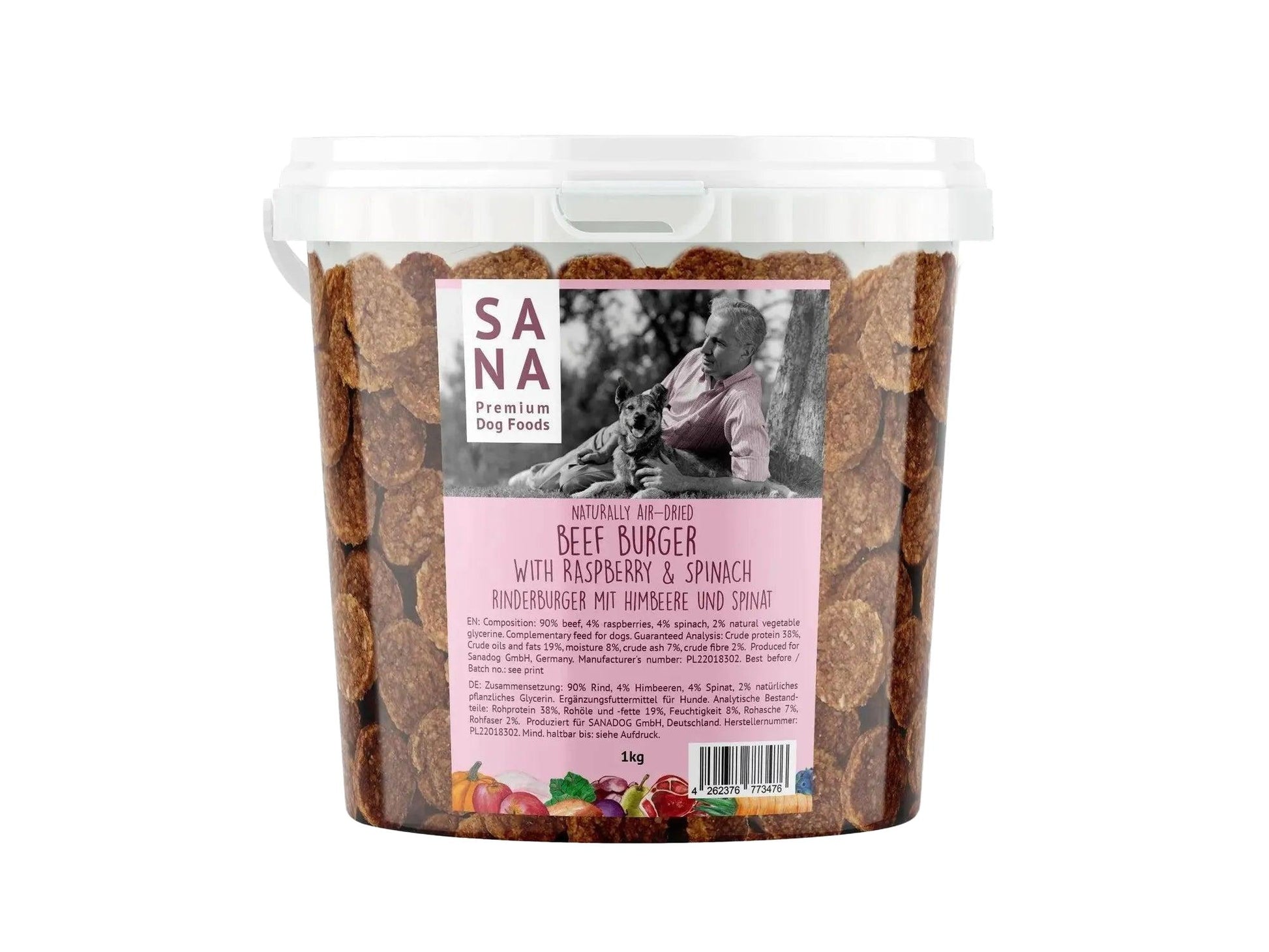 SANA Beef Burgers med bringebær og spinat hundegodbiter i en 1kg gjennomsiktig plastbøtte.