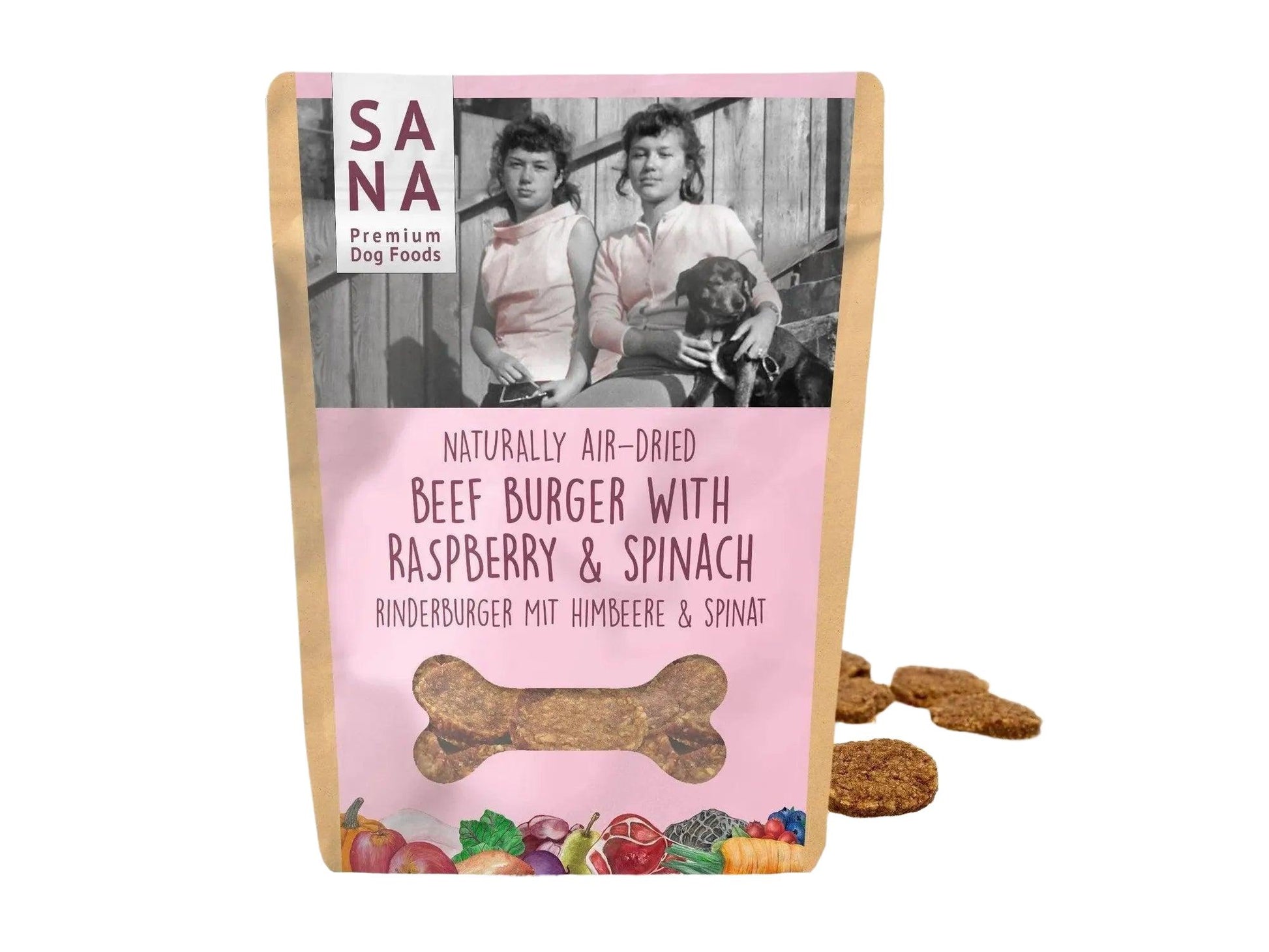 SANA Beef Burger hundegodbiter med bringebær og spinat i brun pose, med beinformet godbit.