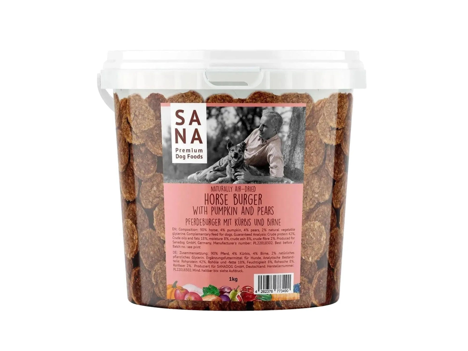 Gjennomsiktig bøtte med SANA Horse Burgers med gresskar og pære, 1 kg, med produktetikett.