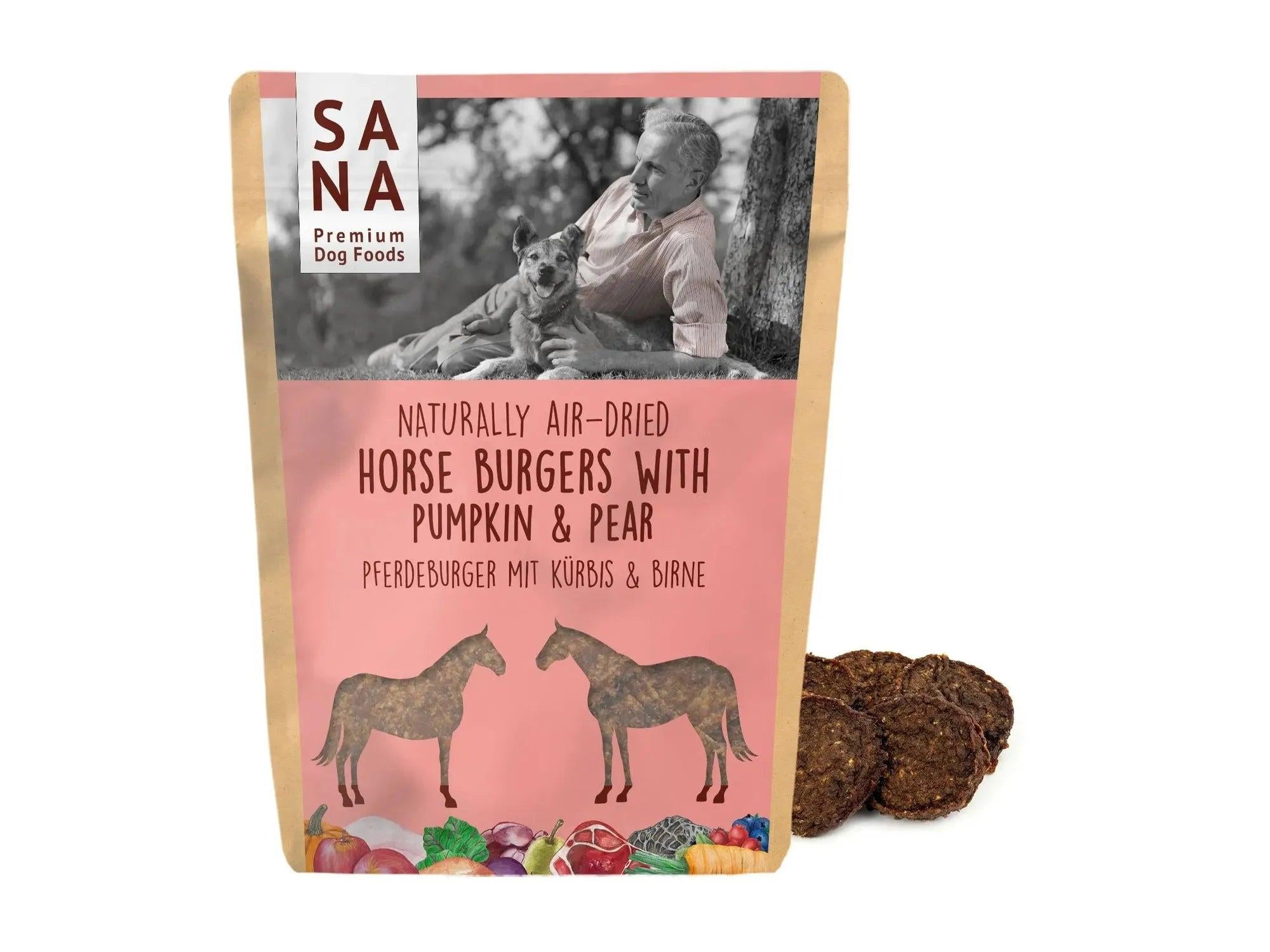 SANA Horse Burgers med Gresskar og Pære hundegodbiter i brun pose med hest, gresskar og pære illustrasjoner.