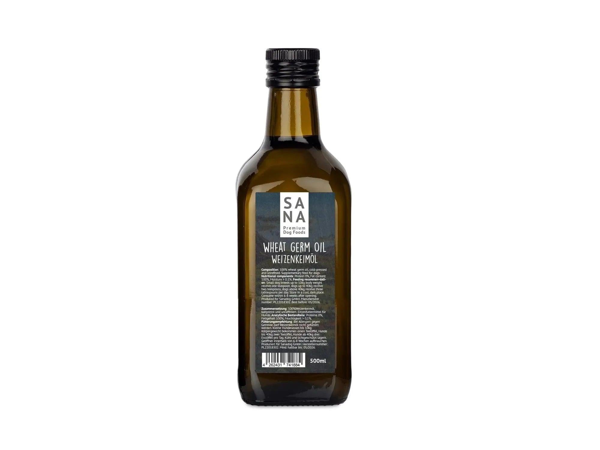 Mørk glassflaske med SANA Hvetekimolje til hund, 500ml, med svart etikett og skrukork.