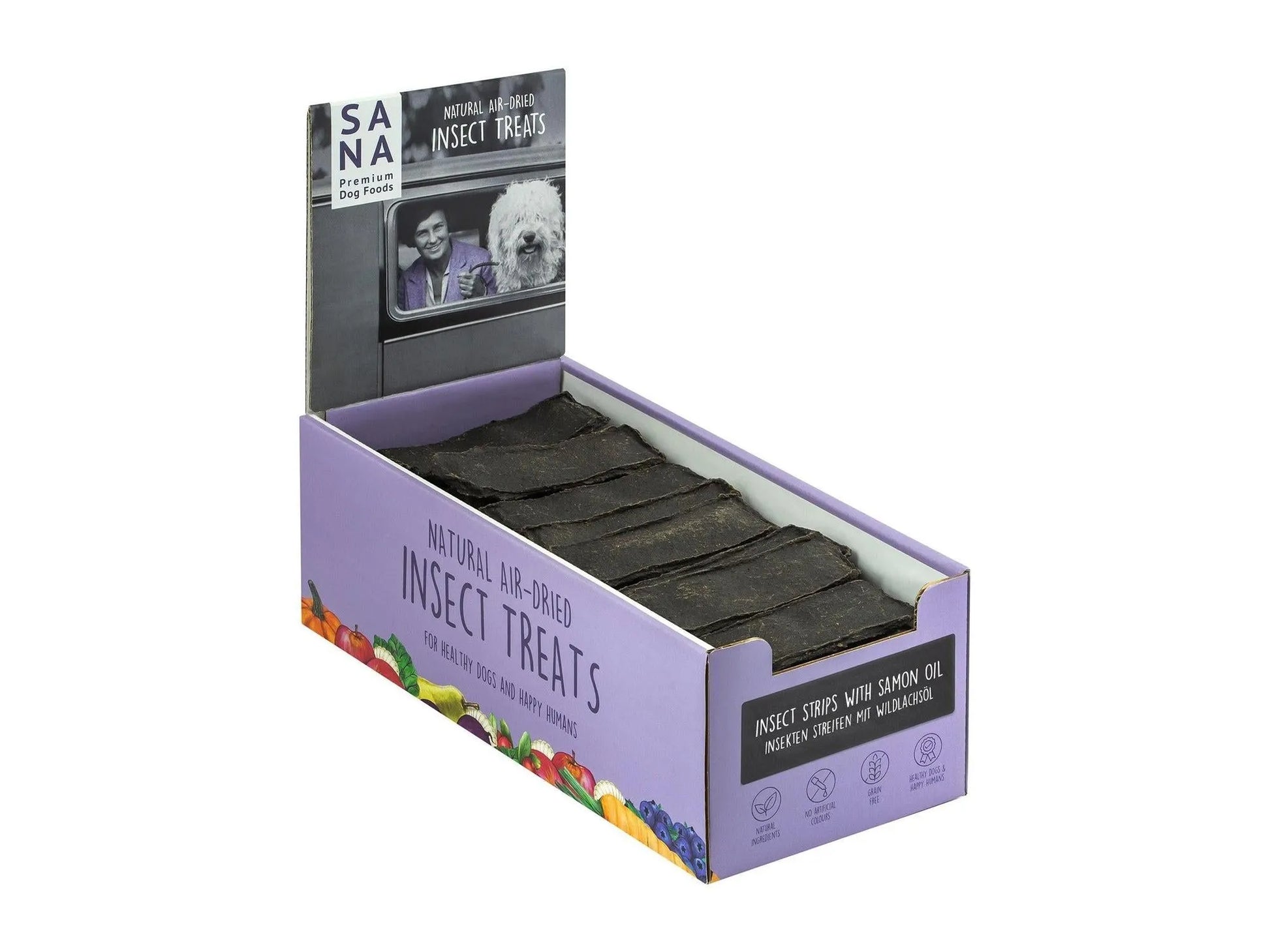 SANA Insect Strips med lakseolje, mørke tyggeremser i lilla displayboks med bilde av hund og eier.