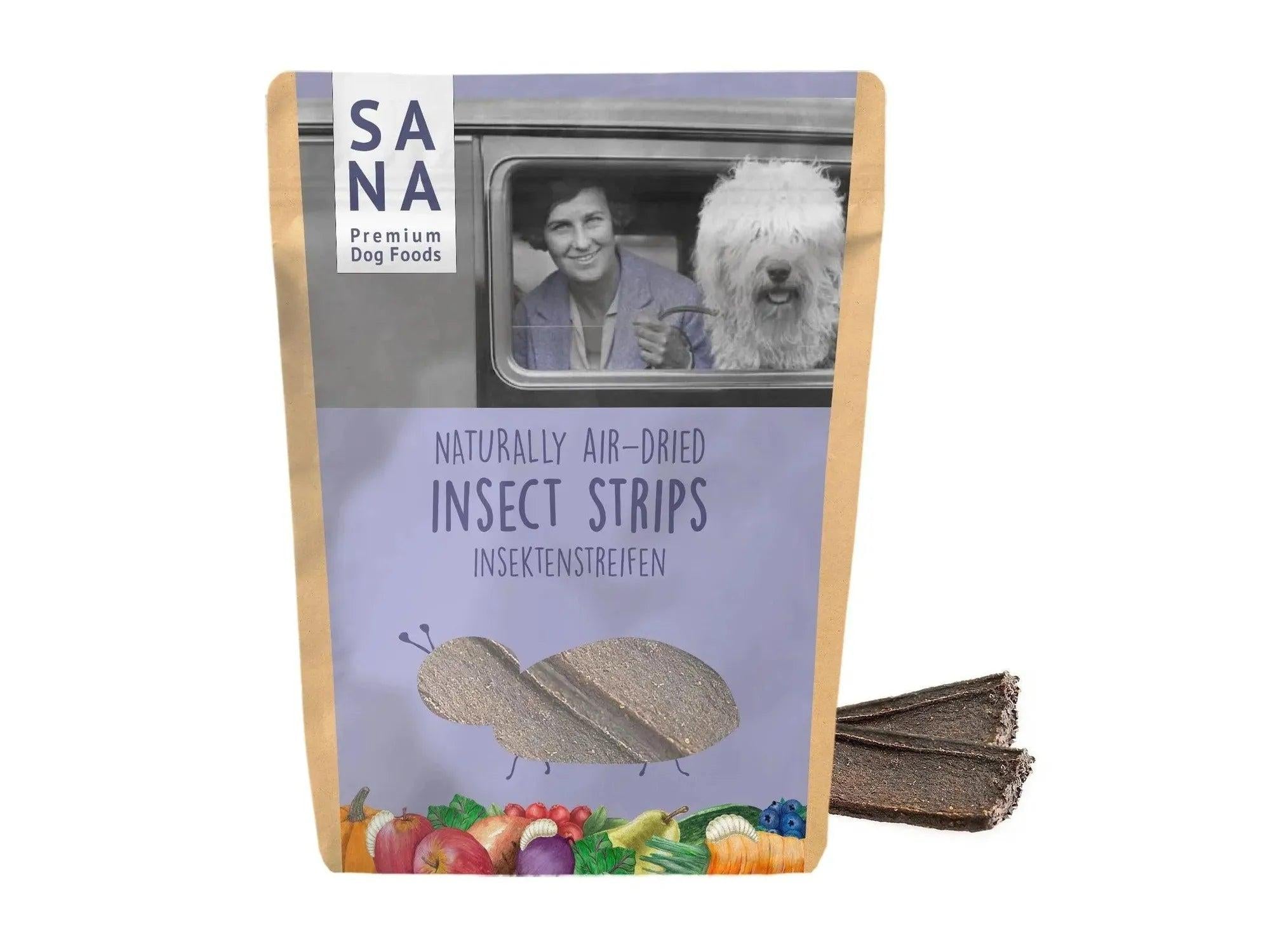SANA Insect Strips hundesnacks i brun pose med lilla etikett, viser kvinne, hund og insektillustrasjon.