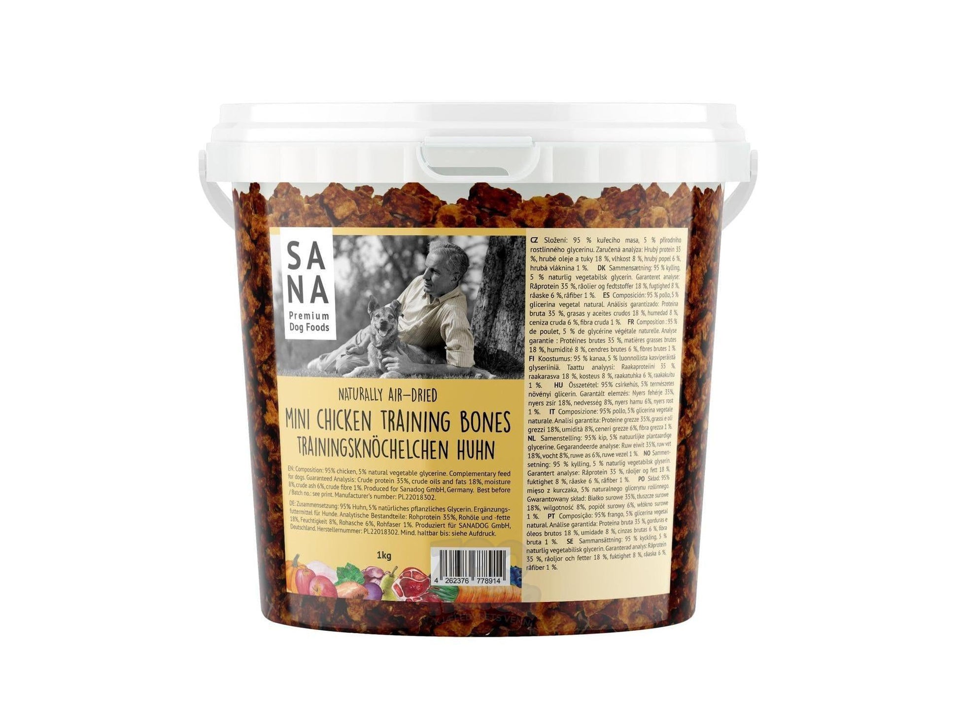 SANADOG Mini Kylling Treningsgodbiter i en stor, klar plastbøtte med etikett.