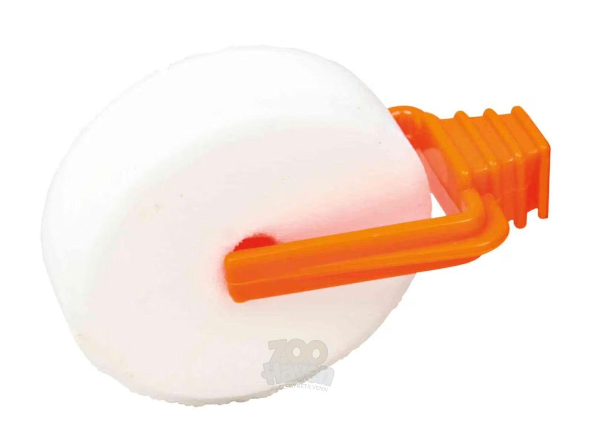 Hvit mineral saltstein for smådyr, med oransje bur-holder for enkel feste.