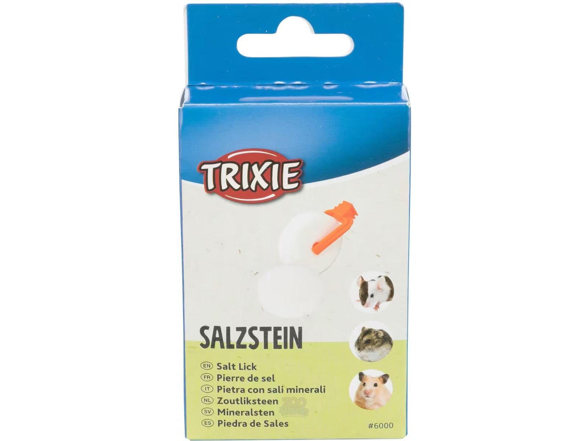 Trixie saltstein med holder for smådyr, 2x54g, i hvit og oransje emballasje.