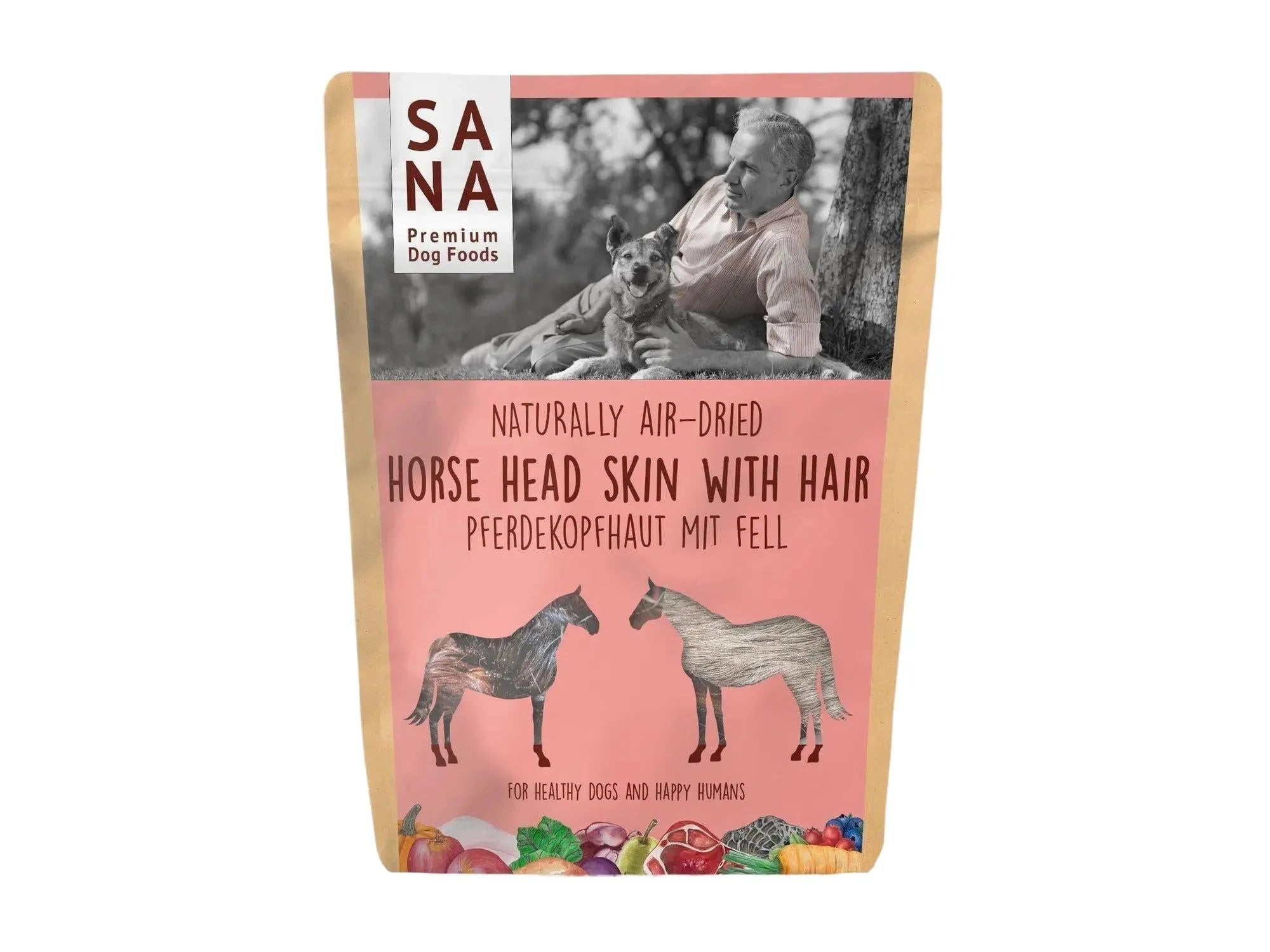 Sana Premium Dog Foods hestehud med pels, naturlig lufttørket tygg for hunder.