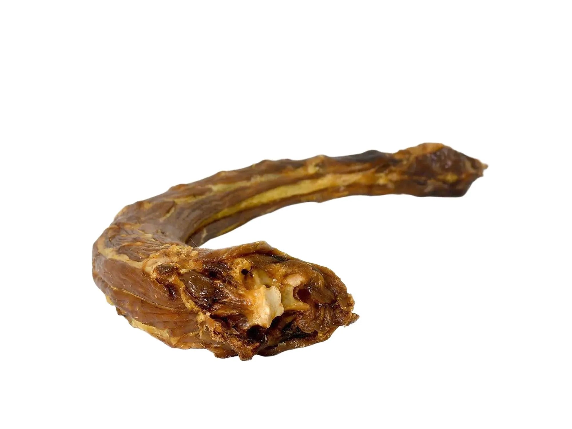 Sana kalkunhalser, en naturlig, tørket tyggegodbit for hund, med mørk brun farge og synlig benstruktur.