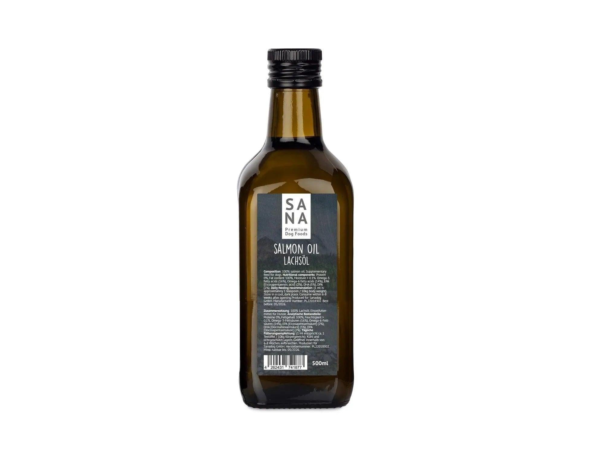 Sana Lakseolje 500 ml flaske med svart etikett og svart skrukork.