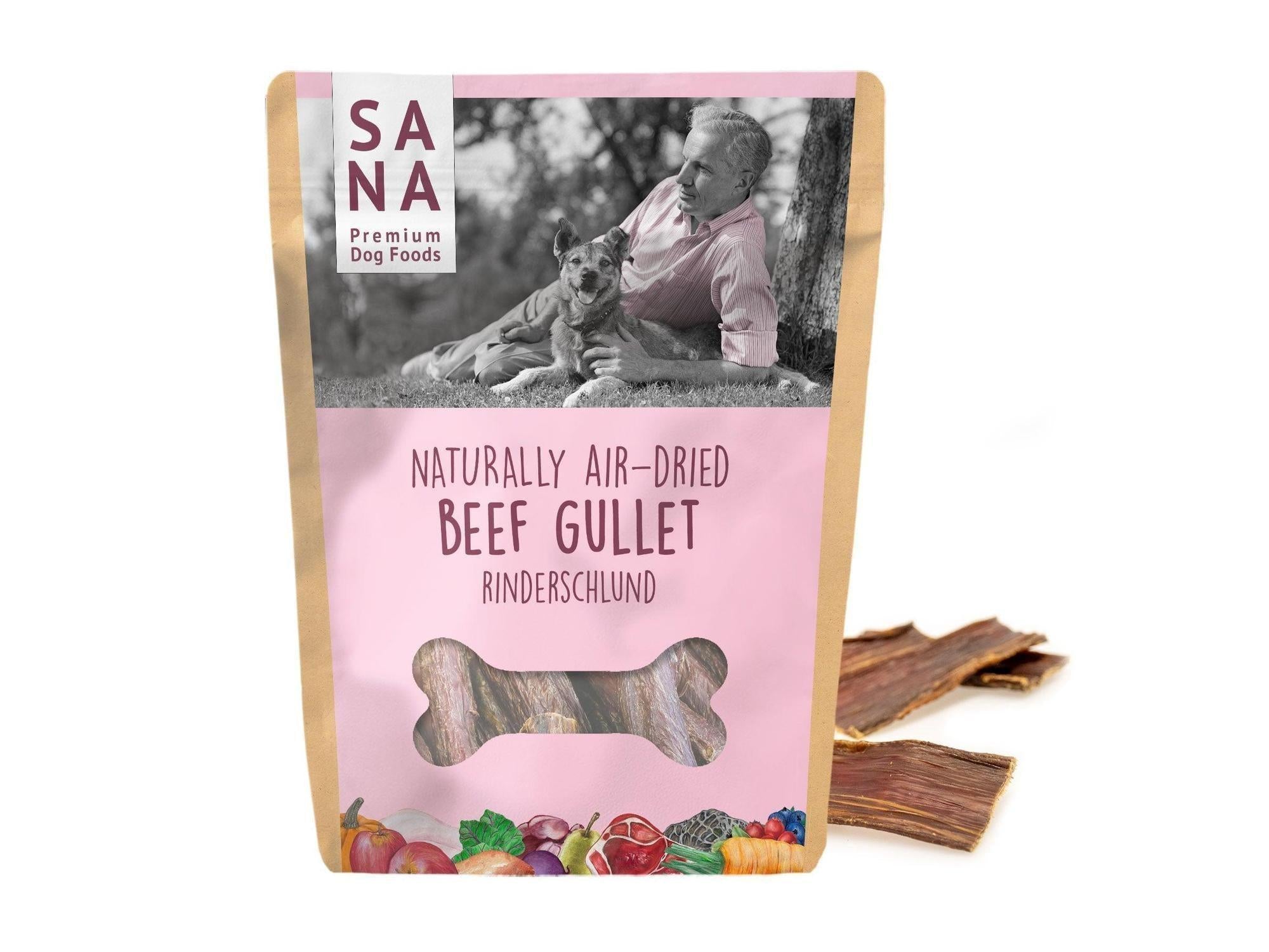 Sana Oksestrupe Naturlig Hundegodis i en rosa og brun pose med lufttørket storfetrang.