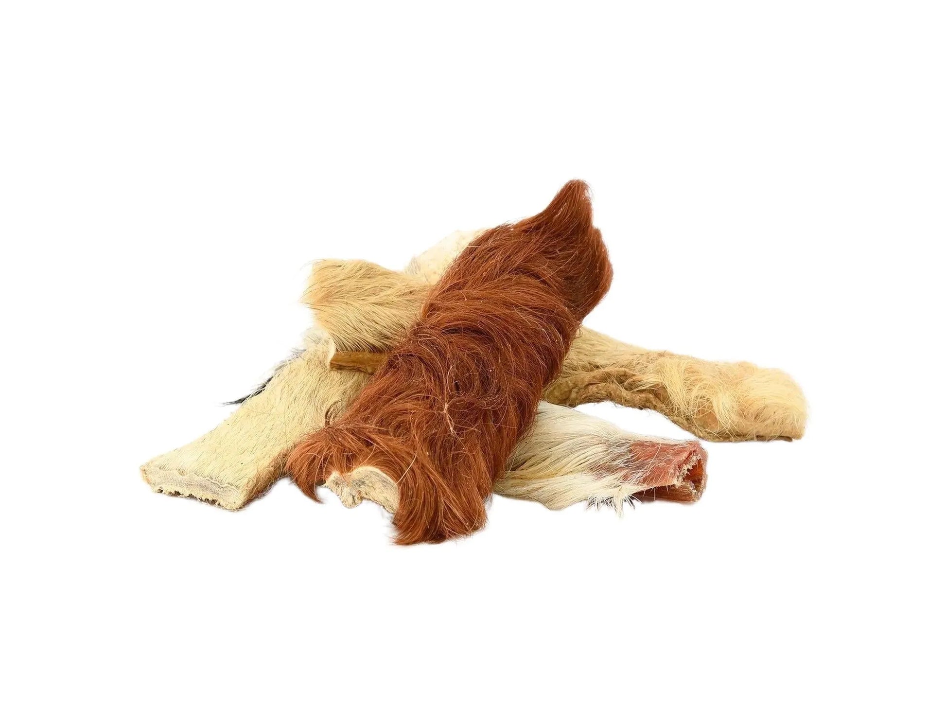 Naturlig råhud okse med pels til hund, i ulike nyanser av brunt og beige.