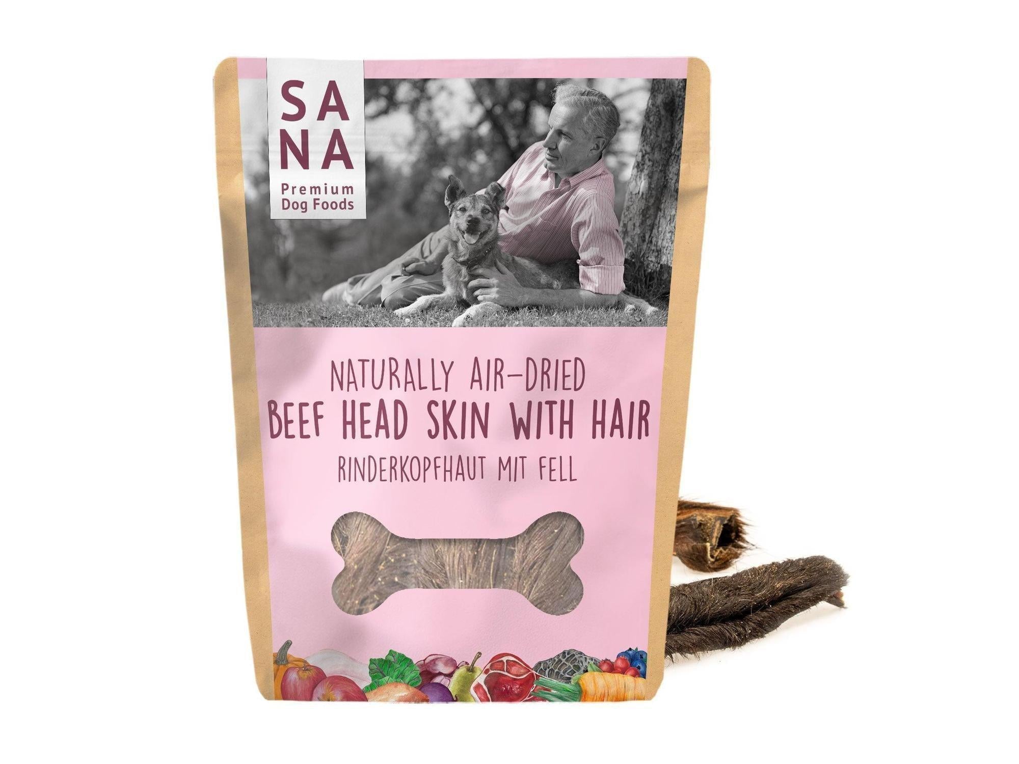 Sana Premium Dog Foods råhud okse med pels tyggeben i en rosa og brun pose.