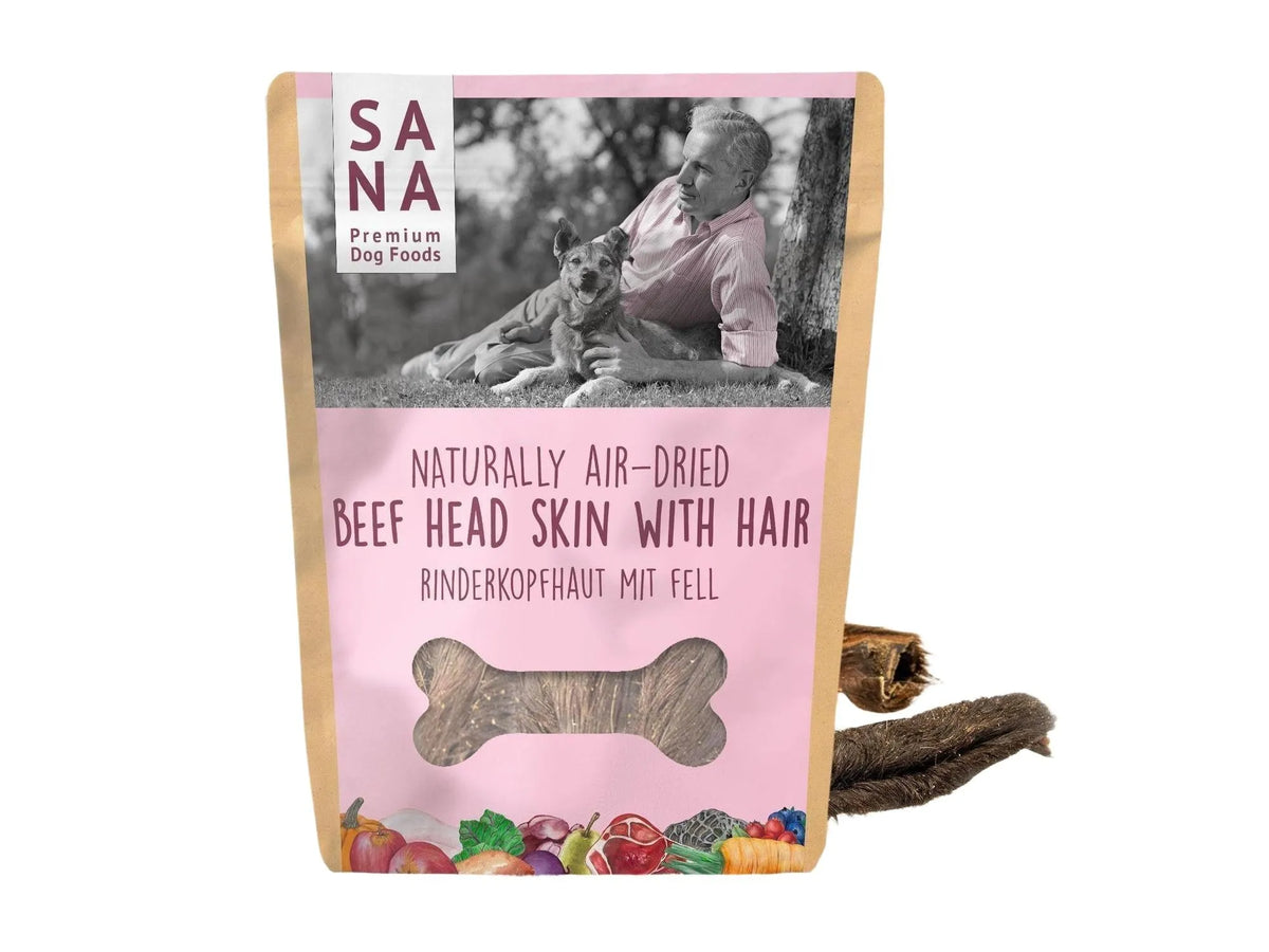 Sana Premium Dog Foods råhud okse med pels tyggeben i en rosa og brun pose.