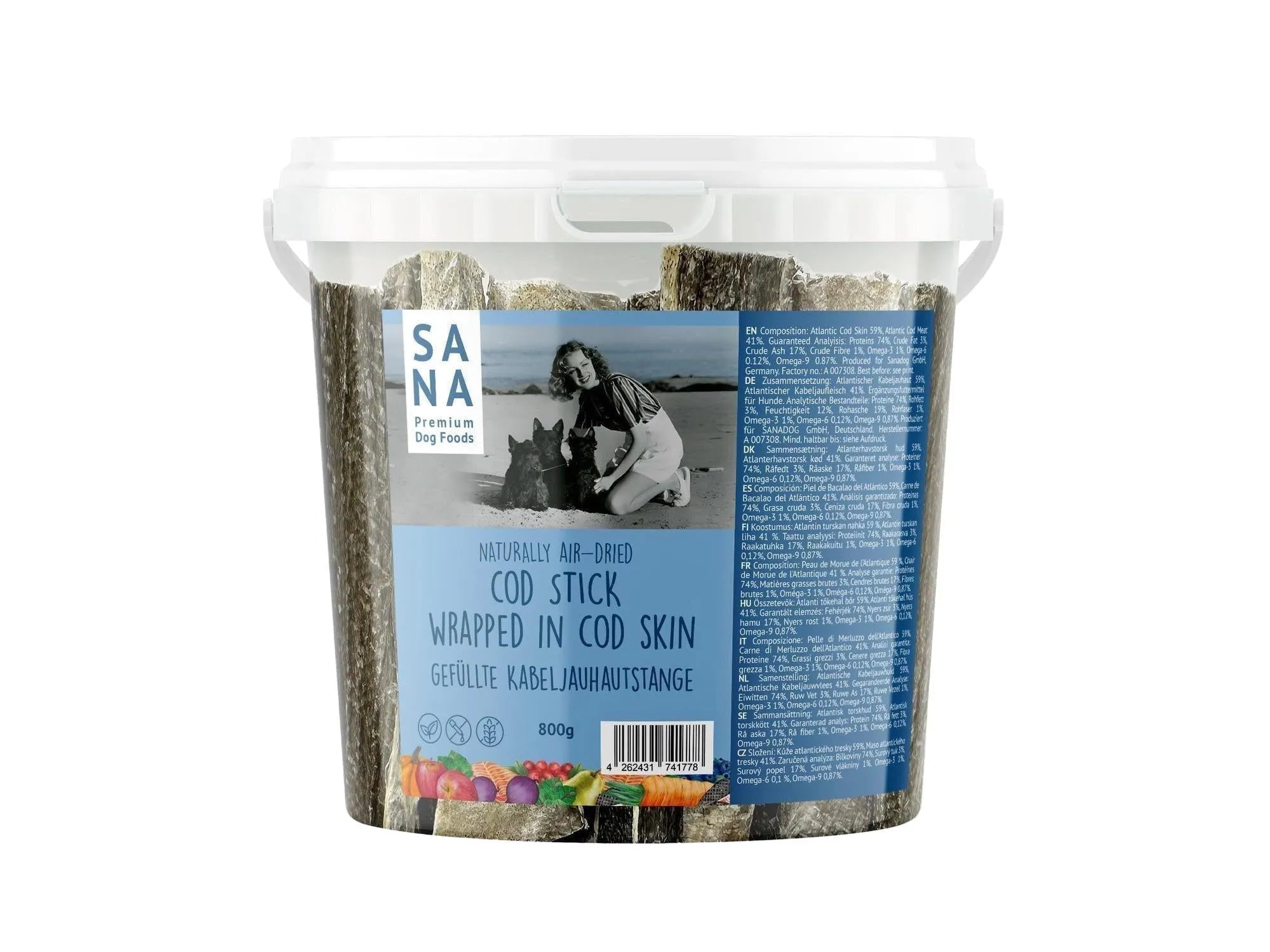 Sana Torskepinner surret i Torskehud 800g bøtte med naturlige hundesnacks.
