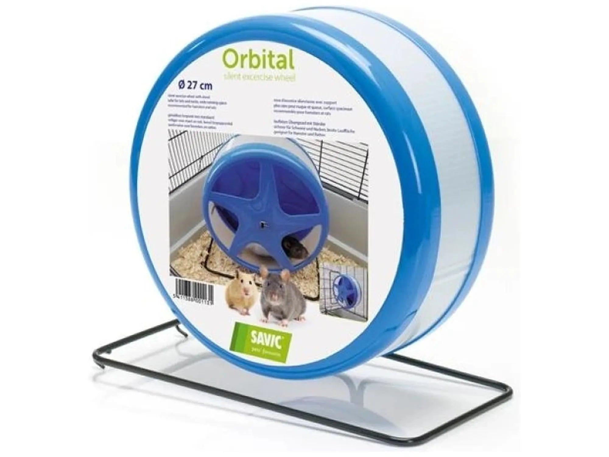 Blått og hvitt Savic 27 cm Orbital løpehjul for smådyr, med bred løpeflate og svart metallstativ.