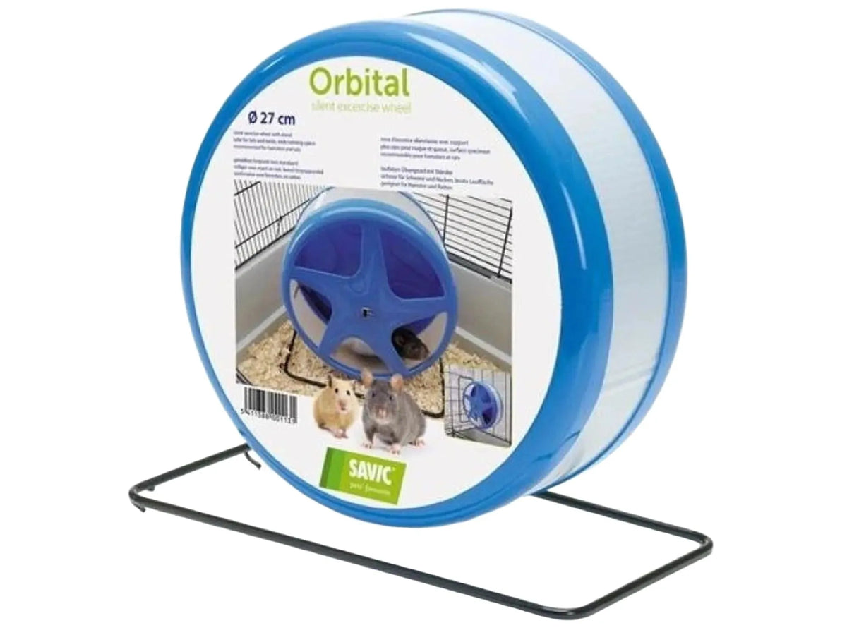 Blått og hvitt Savic 27 cm Orbital løpehjul for smådyr, med bred løpeflate og svart metallstativ.