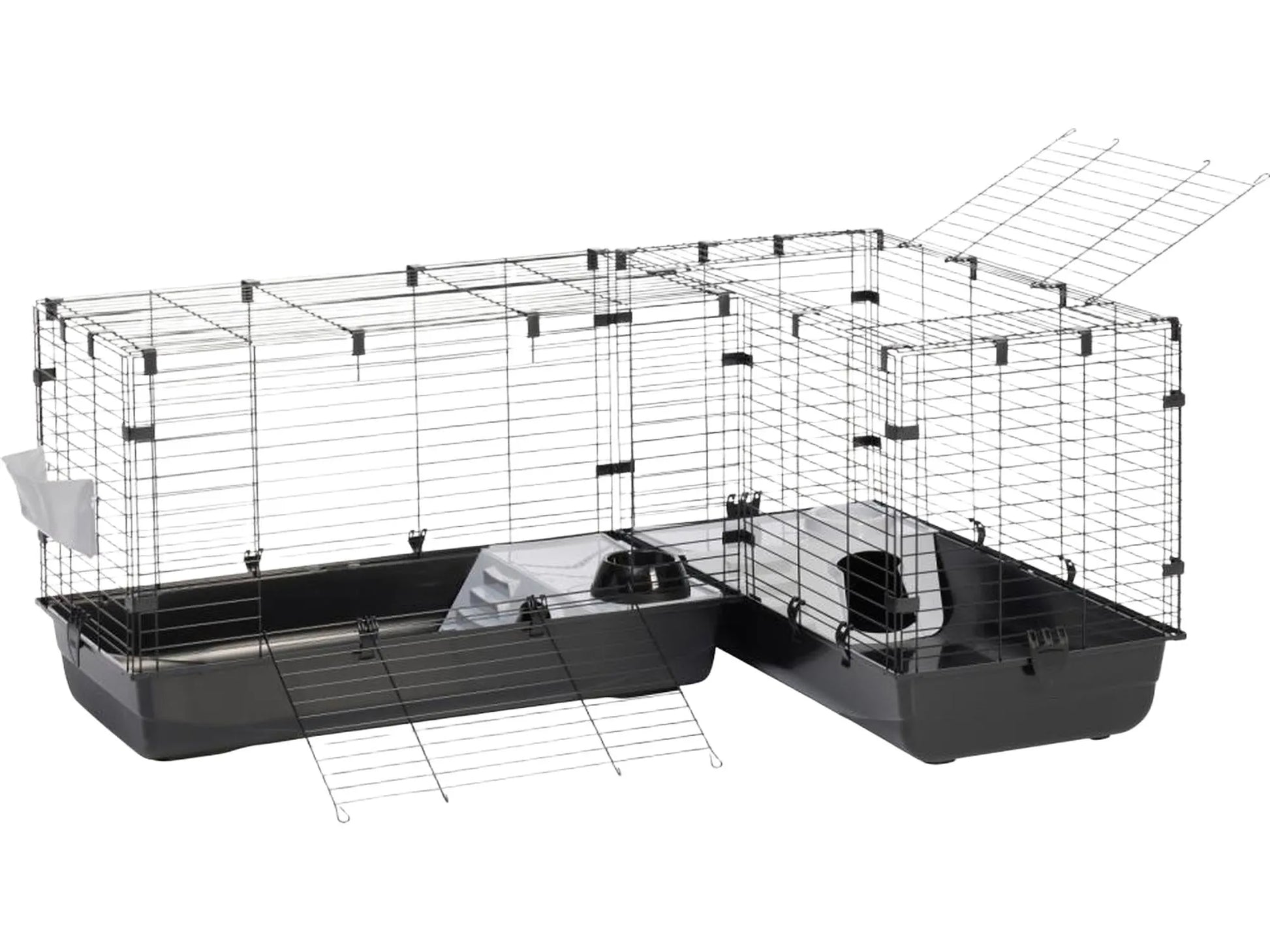 Savic Cubix Corner gnagerbur i svart metallgitter og plastbunn, med åpen topp og frontdør.