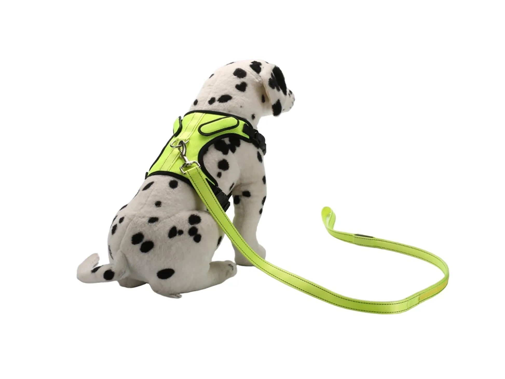 Neongul hundesele med LED-lys og matchende bånd på en dalmatiner-plysjhund.