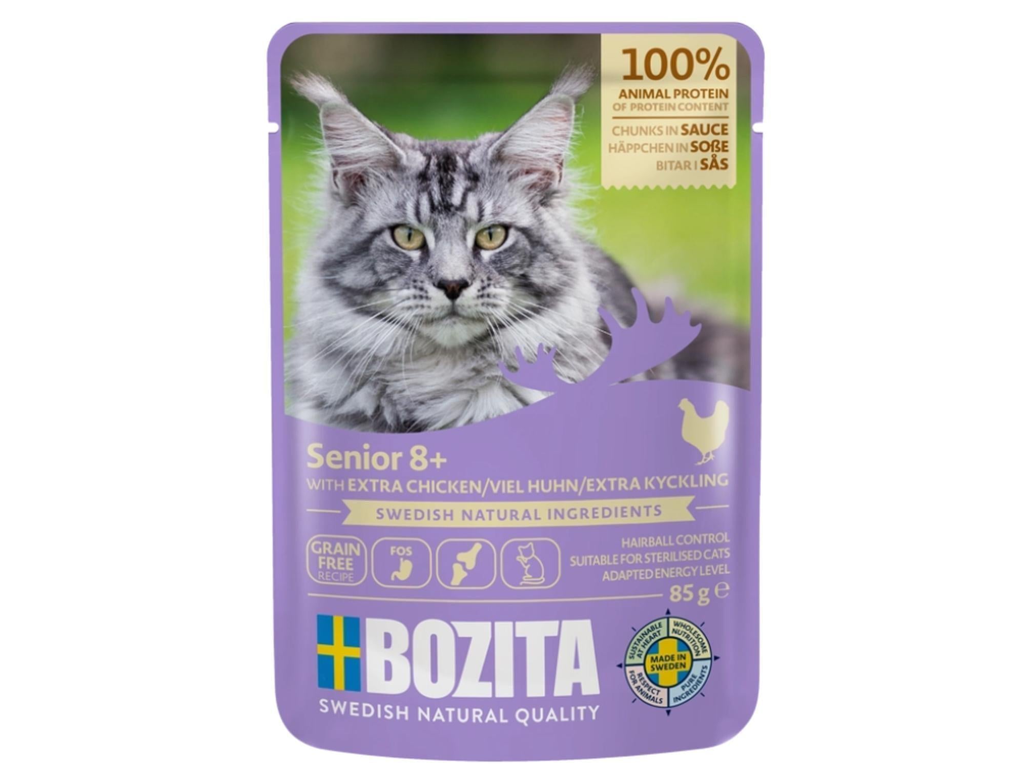 Bozita Senior 8+ våtfôr i lilla pose med grå Maine Coon katt, kylling og elg-logo.