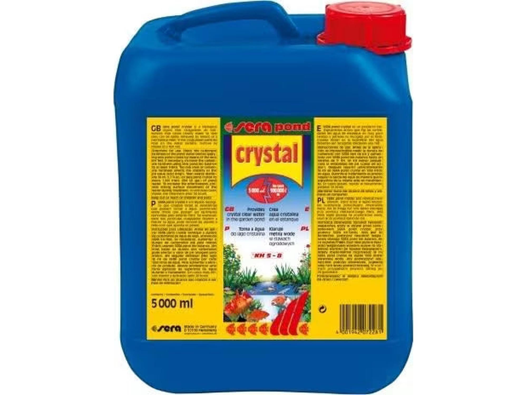 Blå 5000ml Sera Crystal Pond vannklaringsmiddelkanne med rødt lokk og gul etikett.