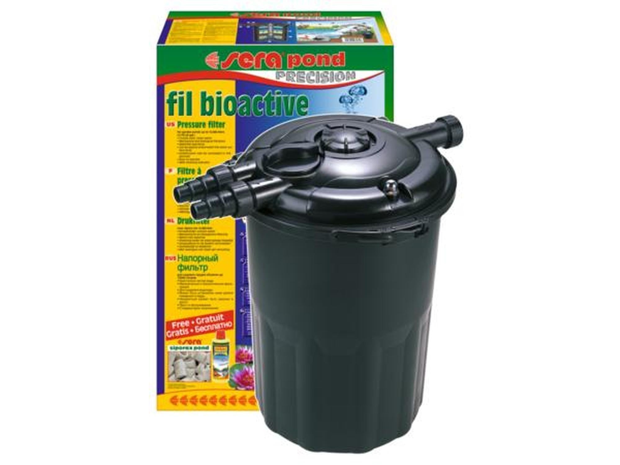 Sera Damfilter Fil Bioactive 12000L, svart trykkfilter for hagedam, med grønn og gul emballasje.