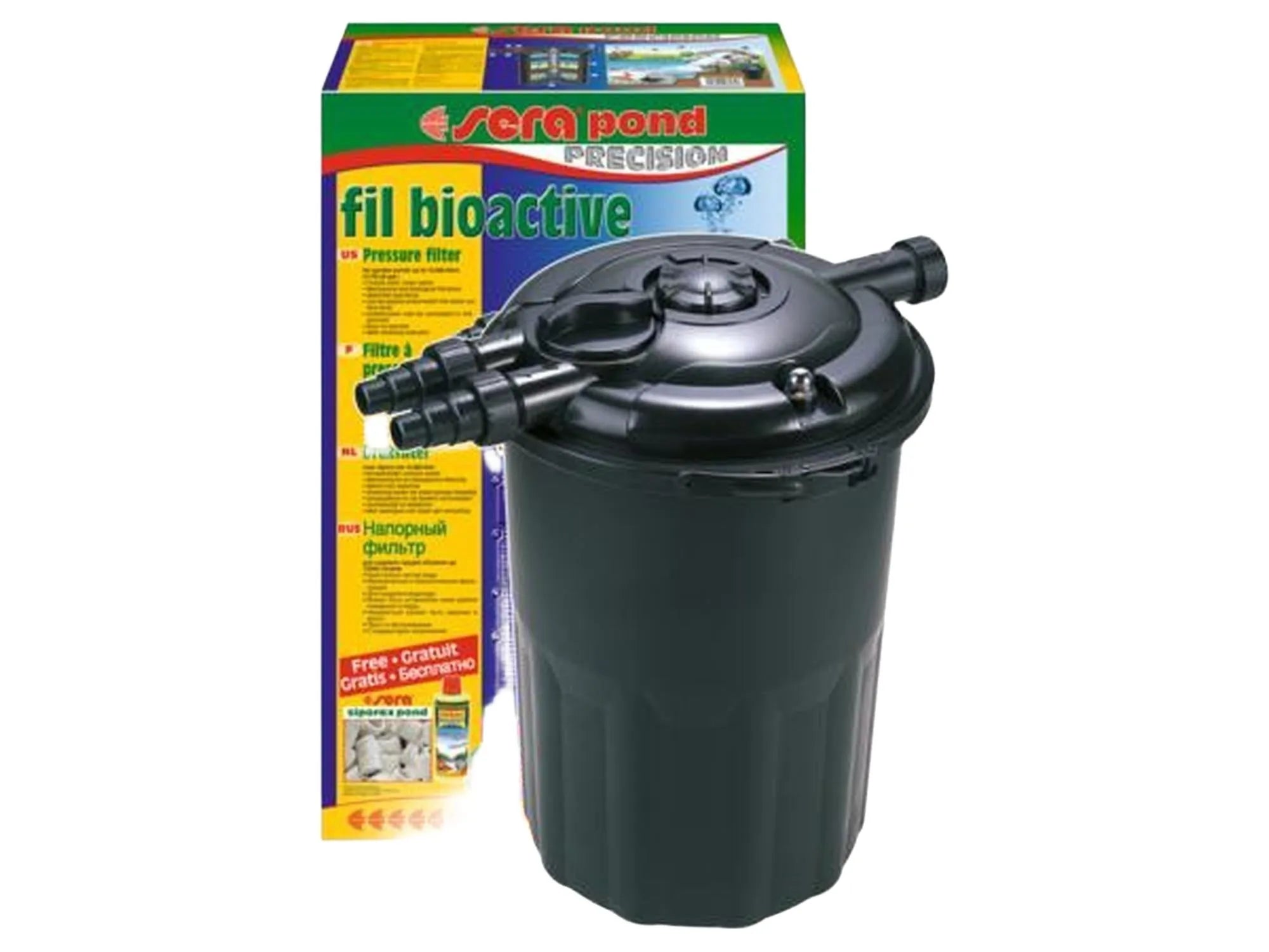 Sera Damfilter Fil Bioactive 12000L, svart trykkfilter for hagedam, med grønn og gul emballasje.