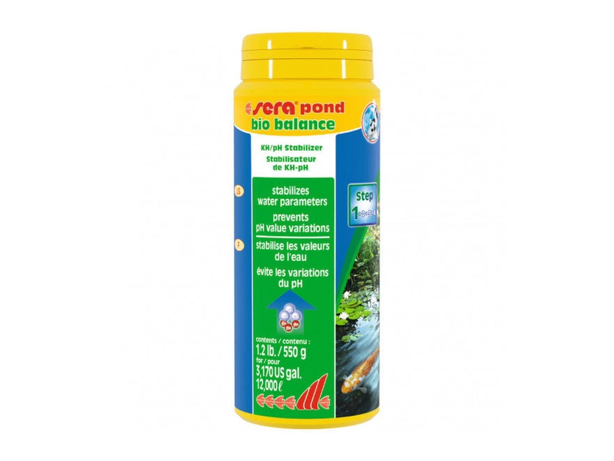 Sera Pond Bio Balance 550g gul og blå flaske for stabilisering av damvann.