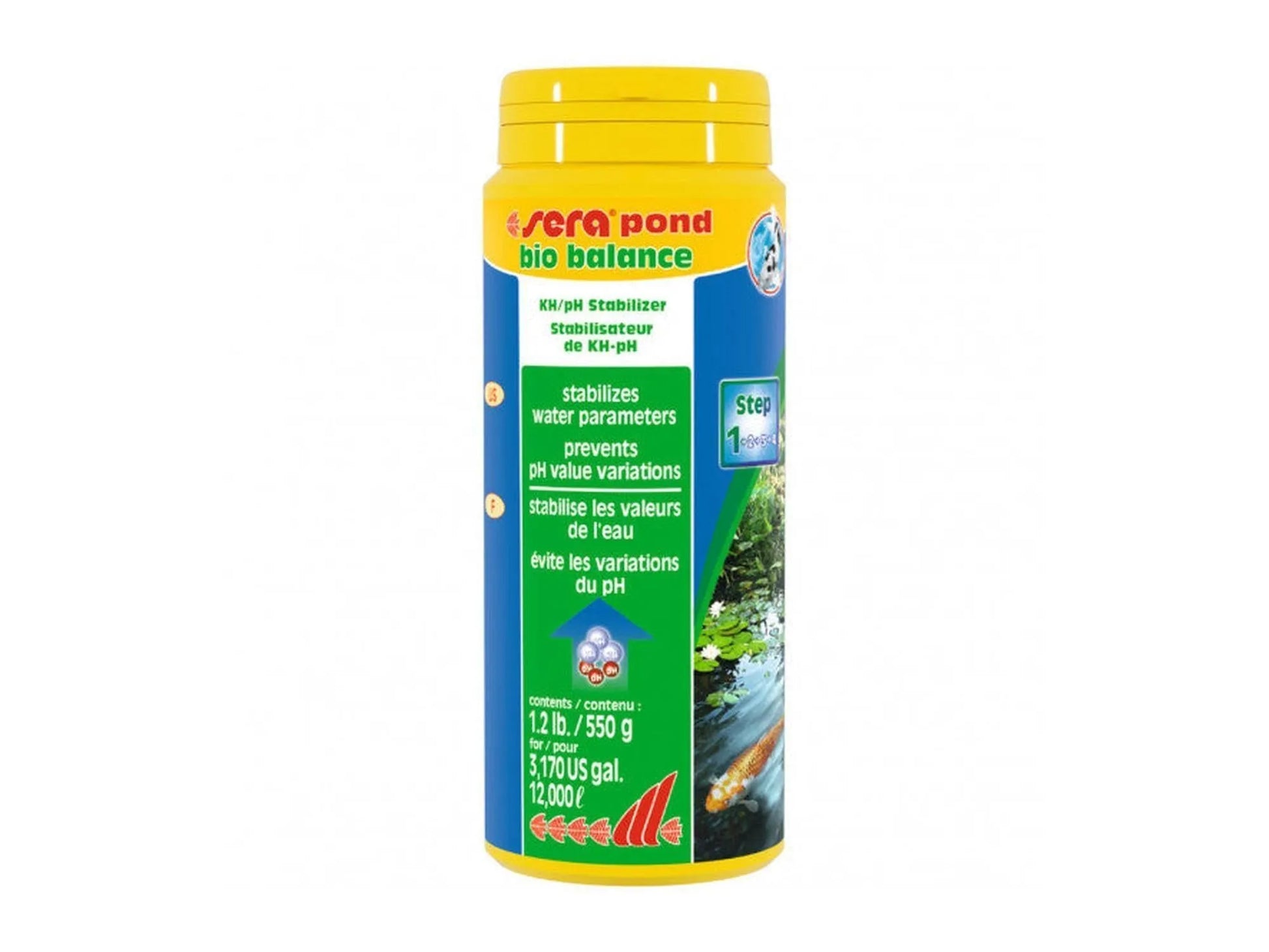 Sera Pond Bio Balance 550g gul og blå flaske for stabilisering av damvann.