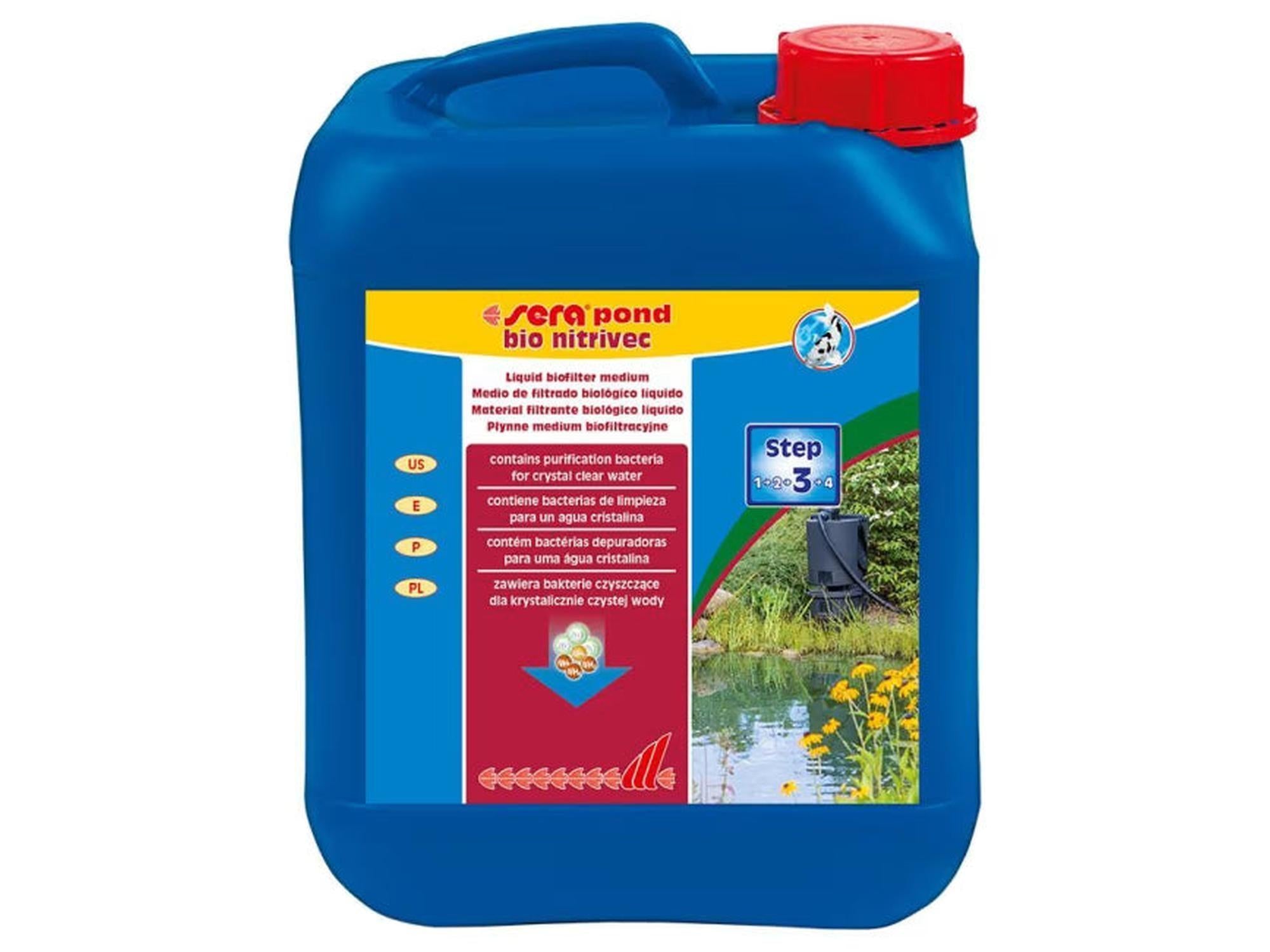 Blå sera Pond Bio Nitrivec 5L kanne med rød kork, etikett viser dam og produktinfo.