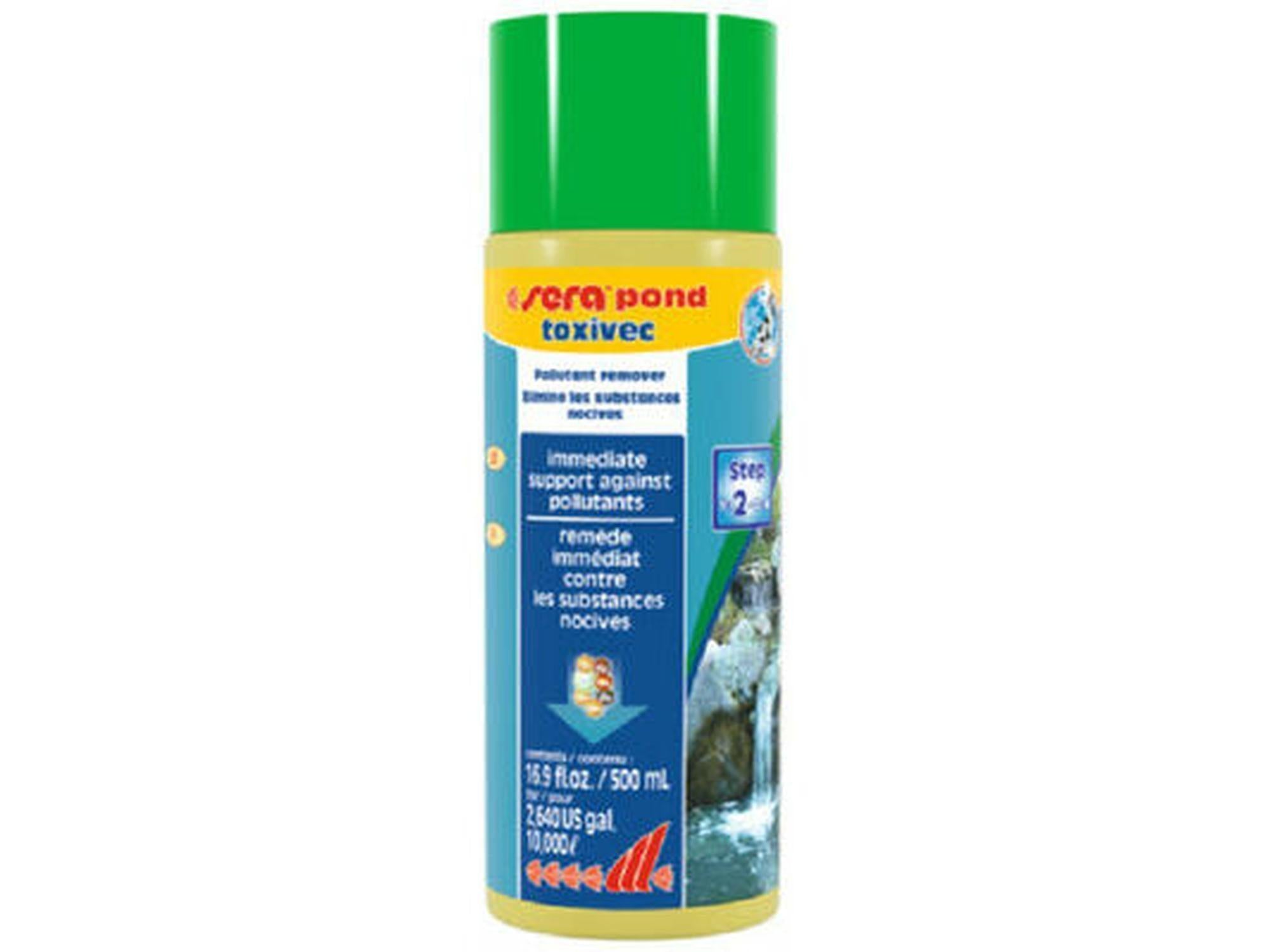 Sera Pond Toxivec 500ml flaske med grønn kork og gul-blå etikett.
