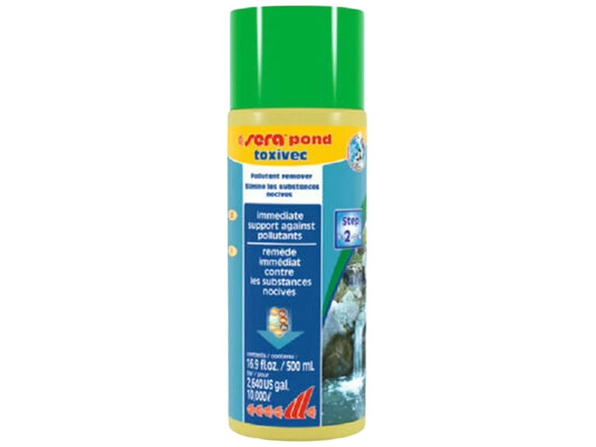 Sera Pond Toxivec 500ml flaske med grønn kork og gul-blå etikett.