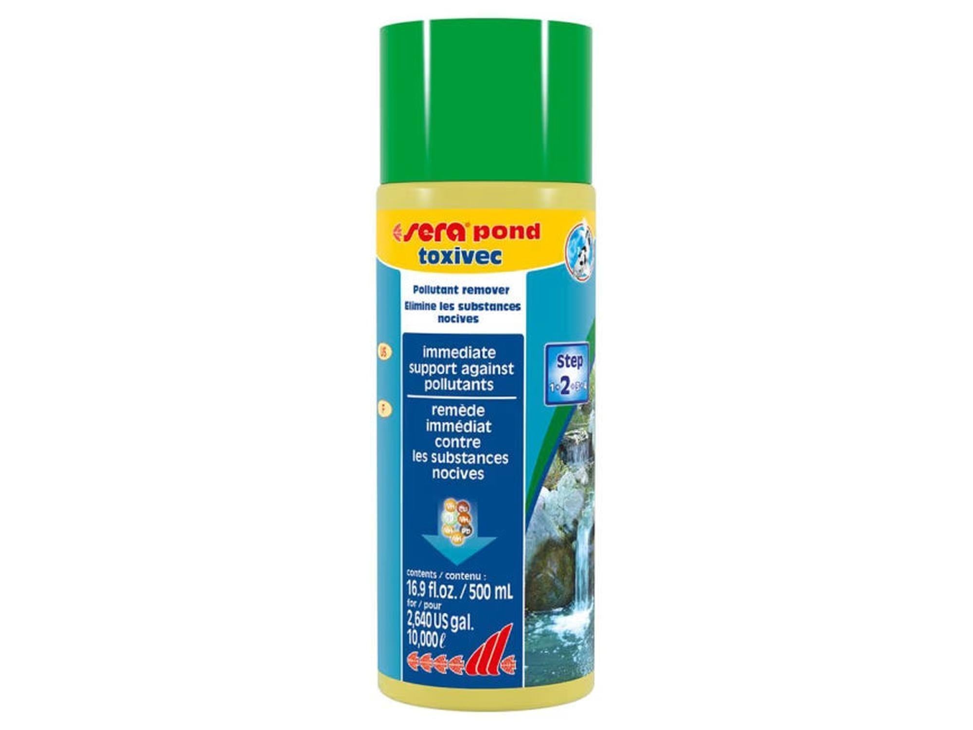Sera Pond Toxivec 500ml flaske med grønn kork, gul etikett og bilde av en foss.