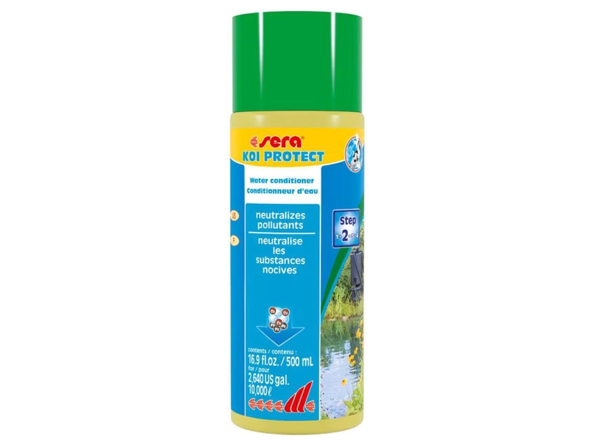 Sera Koi Protect Pond 500ml flaske med grønn kork og gul-blå etikett, nøytraliserer forurensninger.