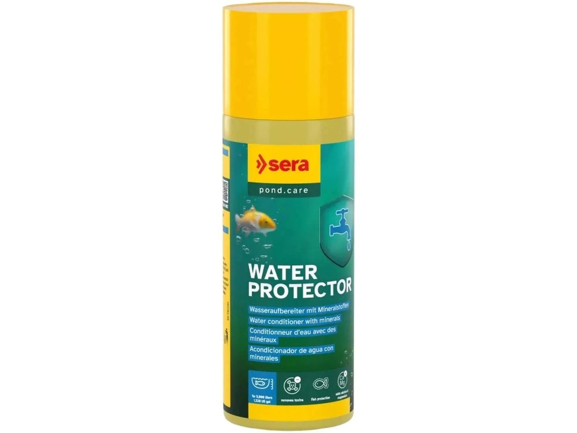 Gul og grønn Sera Koi Protect Pond vannforbedrer sprayflaske for dam, 250ml.