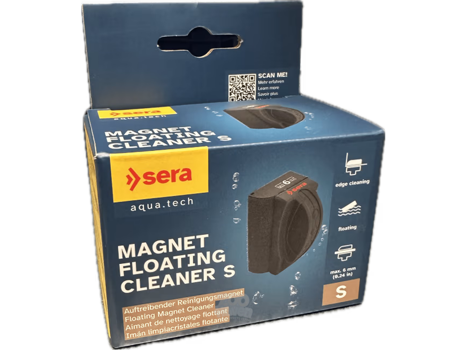 Sera Magnet Floating Cleaner S i emballasje, en svart magnetisk glassrenser for akvarium opptil 6 mm.